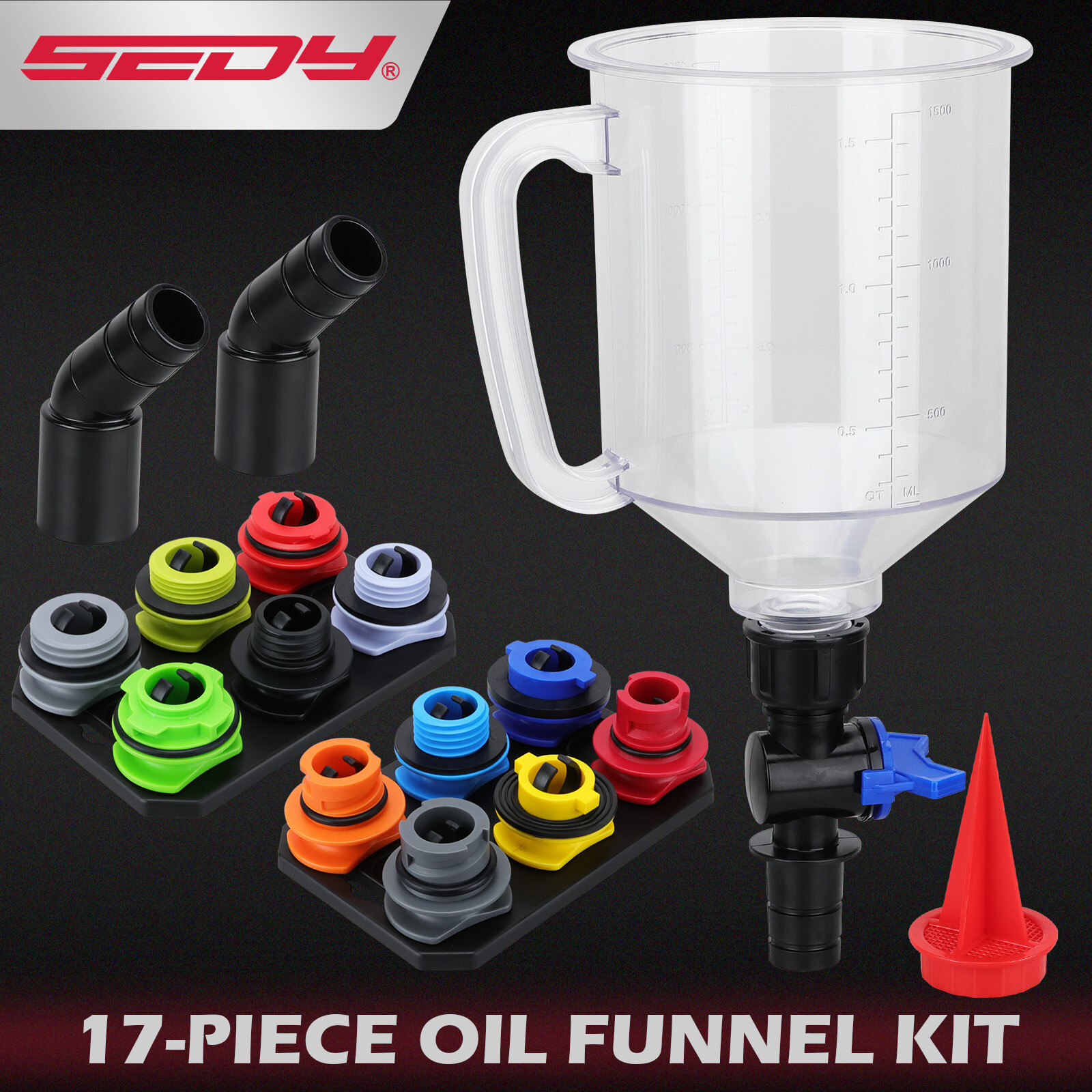 17PC Engine Oil Funnel Set 12 Adapters Elbow Arrow Screen Magnetic Storage Tray