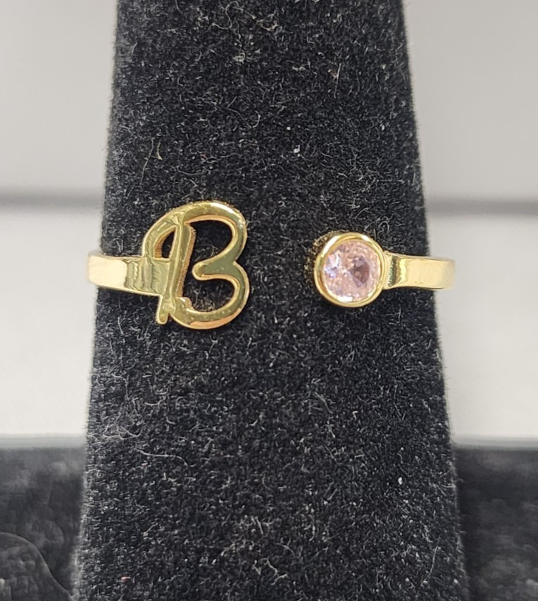 Glorria Sense 18K Gold Plated B Initial Pink Zircon Ring sz 7 Sterling Silver