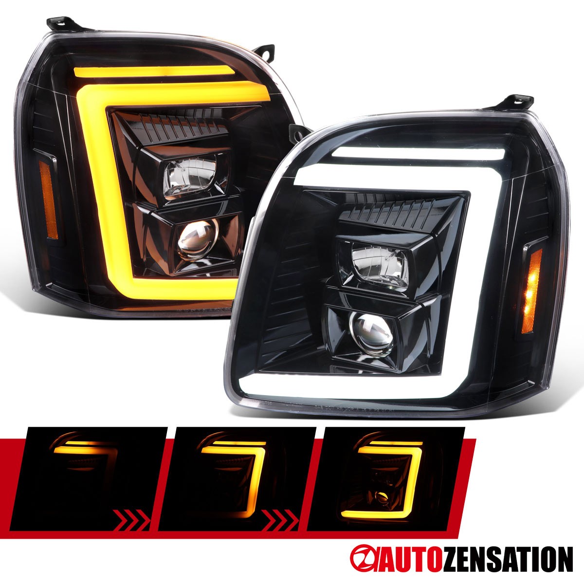 Fit 2007-2014 GMC Yukon XL Slick Black LED Bar Projector Headlights Sequential Fit 2007-2014 GMC Yukon XL Slick Black LED Bar Projector Headlights Sequential
