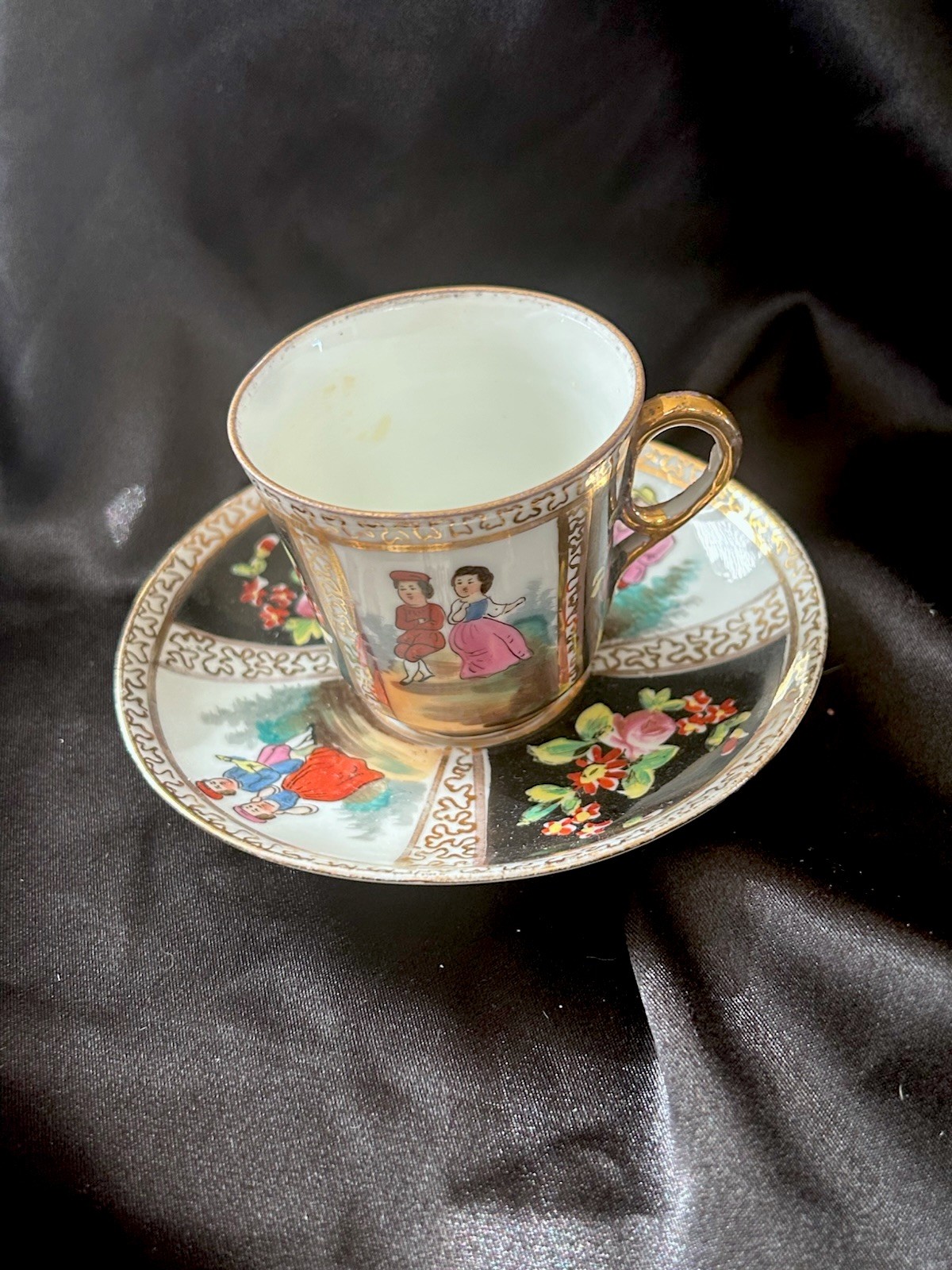 Antique Hand-painted Paneled Demitasse Cup and Saucer, Romance & Floral Theme Antique Hand-painted Paneled Demitasse Cup and Saucer, Romance & Floral Theme