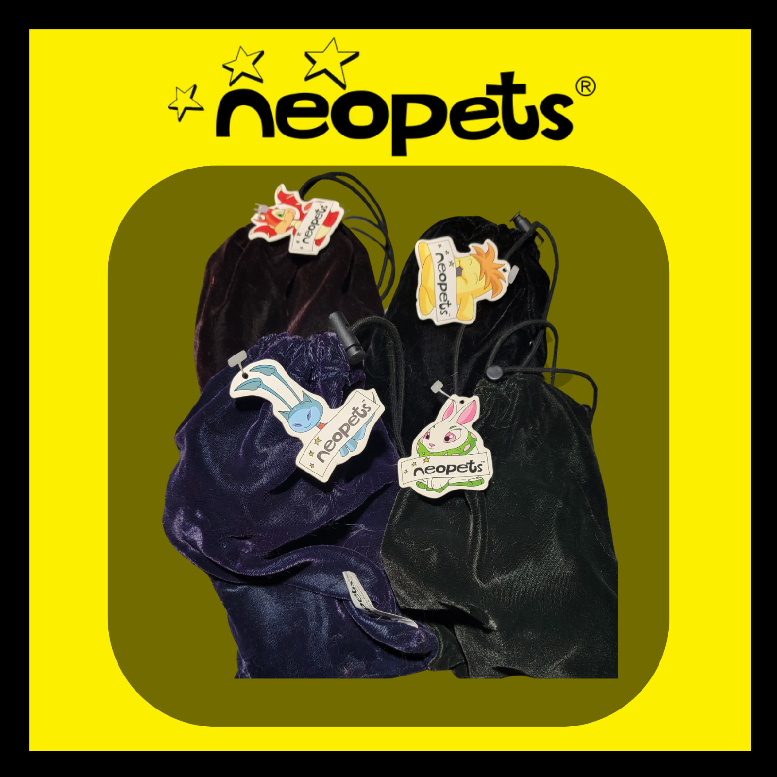Vintage 2001 Neopets Velvet Bag – JAKKS Pacific – Aisha, Scorchio, Cybunny & Chi