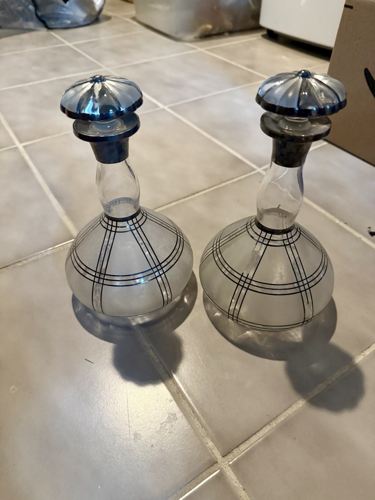 Pair of Antique .925 Silver Etched Plaid Decanters W/ Stoppers Pair of Antique .925 Silver Etched Plaid Decanters W/ Stoppers