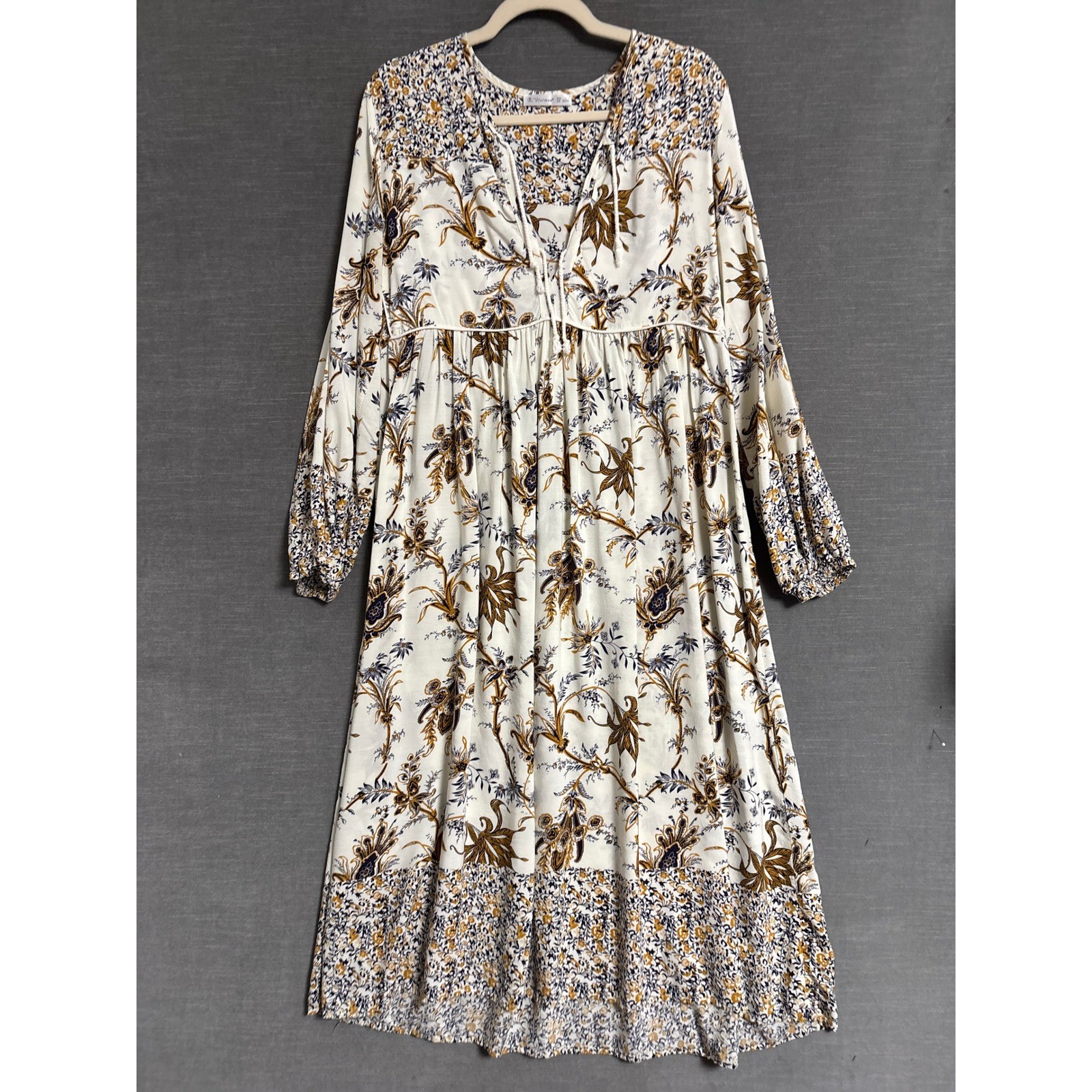 R Vivimos Dress L Cream Floral Paisley Tassel Tie Boho Midi Fall R Vivimos Dress L Cream Floral Paisley Tassel Tie Boho Midi Fall