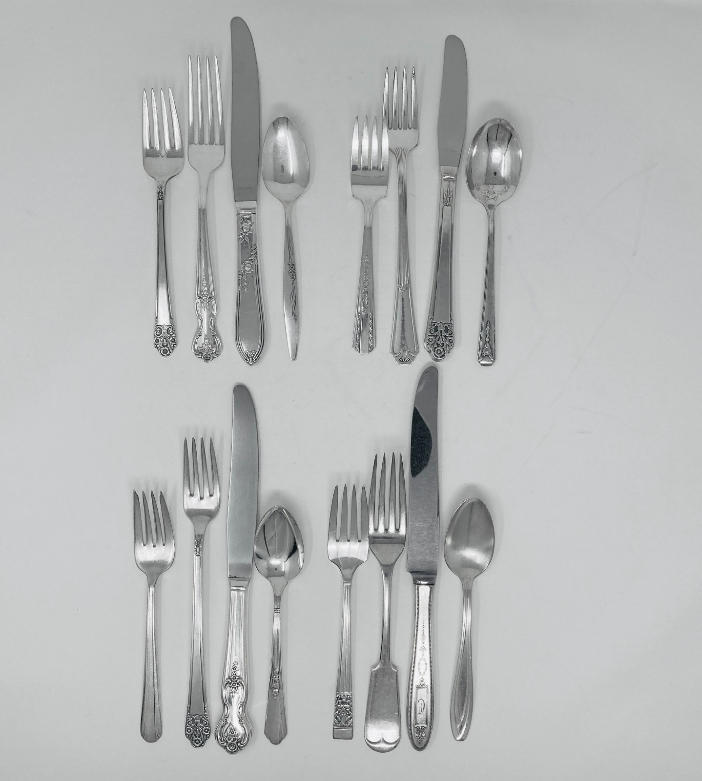 Vintage Mismatched Silverplate Place Settings  4- Piece Flatware Sets