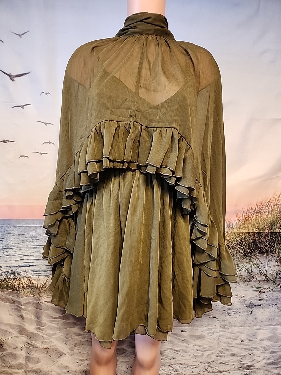 Nwt Commense Green Semi-Sheer Chiffon Ruffle Dress with Cape Overlay Size Small