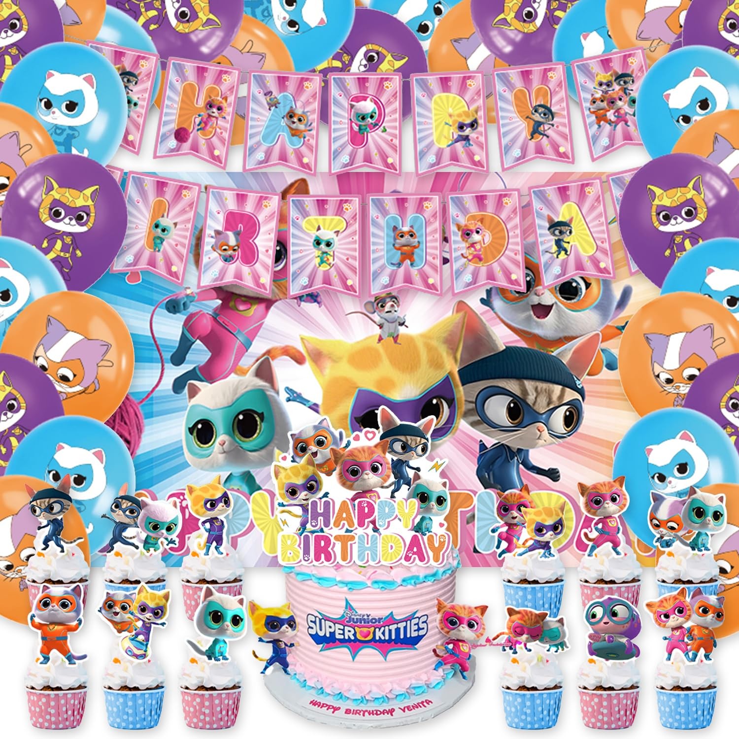 42Pcs Super Kitties Party Supplies Pack Includes?Banner?Cake Topper?Blackdrop,Ba 42Pcs Super Kitties Party Supplies Pack Includes?Banner?Cake Topper?Blackdrop,Ba