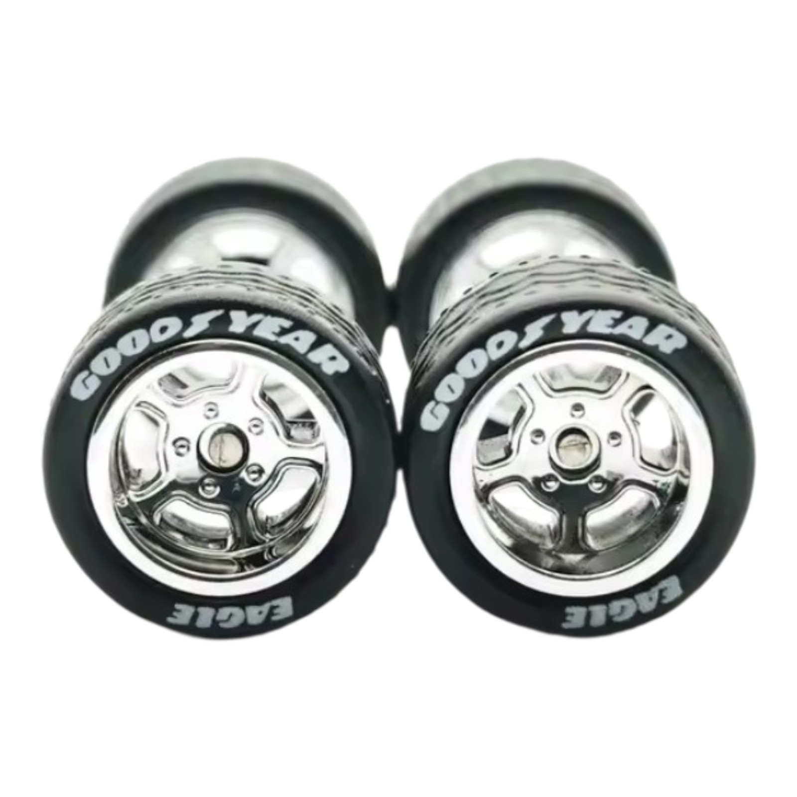 5 Sets 5 Spoke Slot Chrome Rims & 13mm Goodyear Rubber Tires 1/64 Wheel Swap 