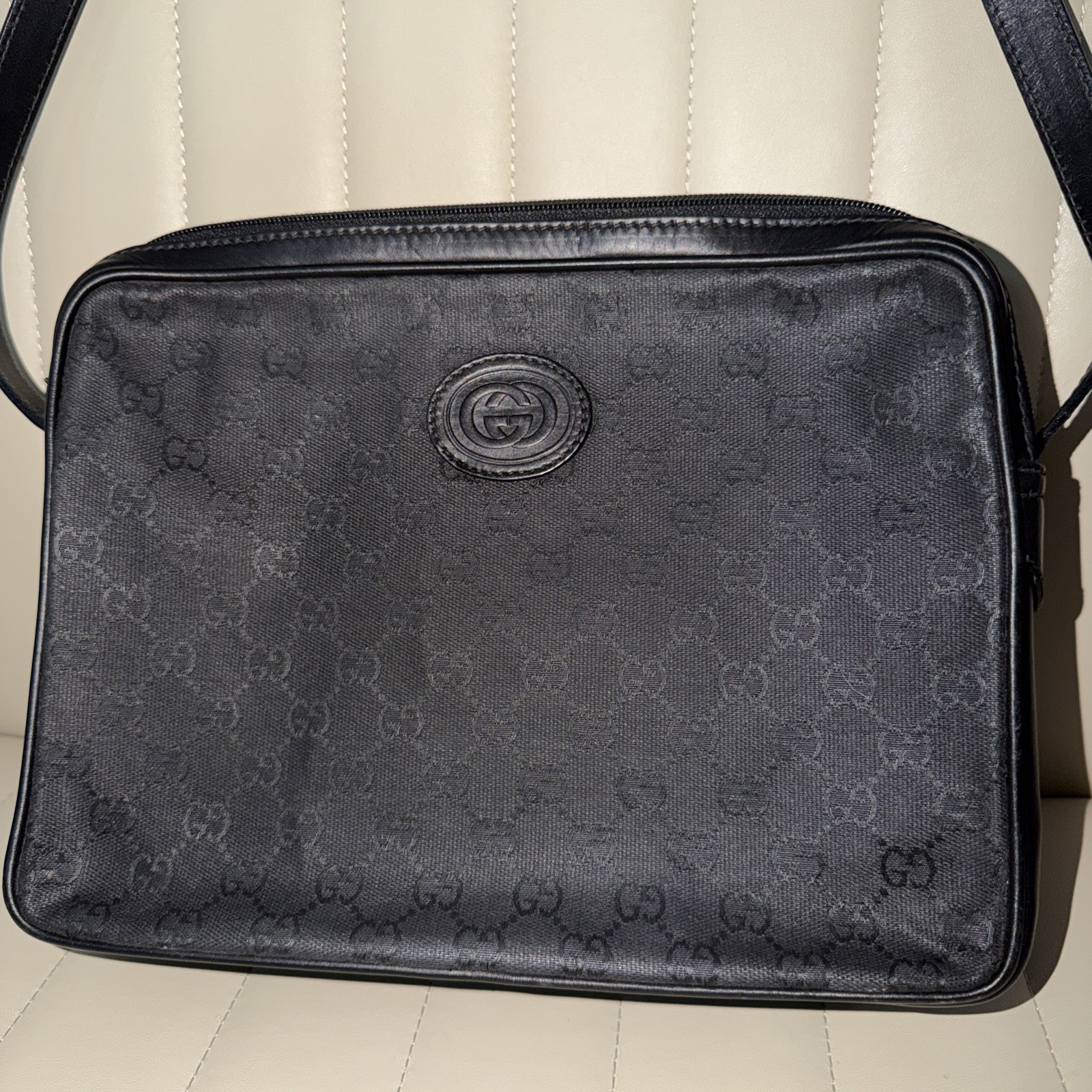 GUCCI 001.32.0494 GG Shoulder Bag Black Leather Logo Canvas Gold Hardware GUCCI 001.32.0494 GG Shoulder Bag Black Leather Logo Canvas Gold Hardware