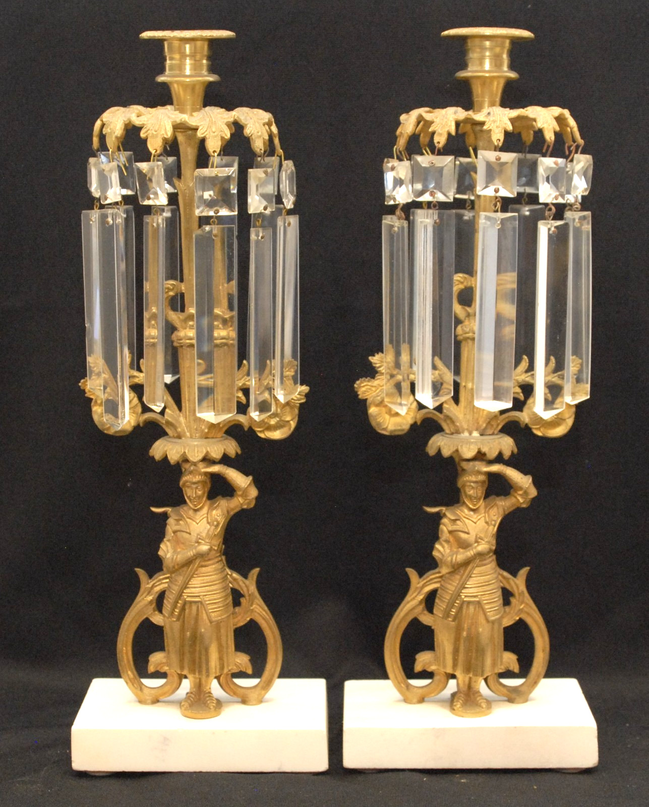RARE VICTORIAN ORNATE GILT BRONZE & PRISMS FIGURAL KNIGHT GIRANDOLES CANDELABRAS