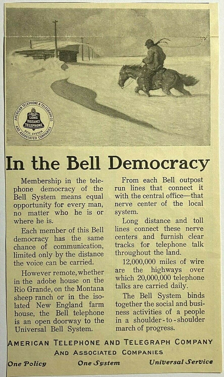 1900\'s 1911 Ad American Telephone Telegraph Co Bell Democracy Man Horse Winter