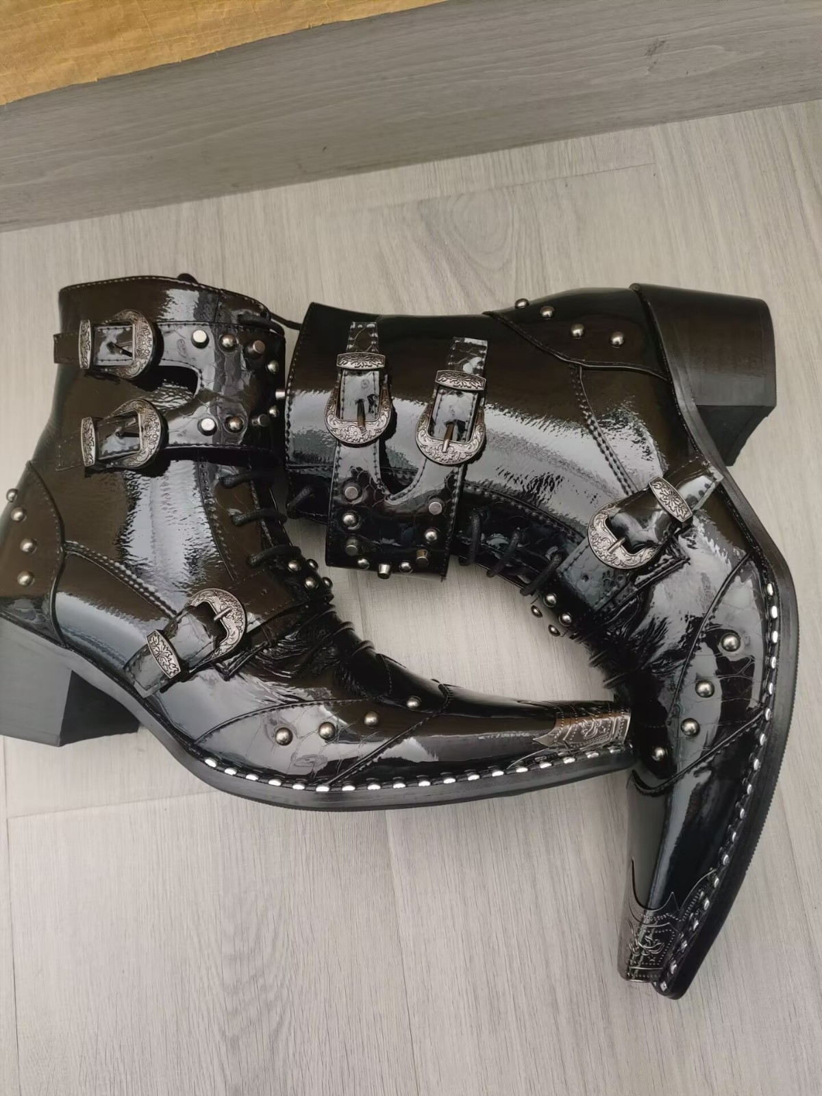 Occident Men's Club Ankle Boots Pointed Toe Buckle Rivets Nightclub Casual Shoes