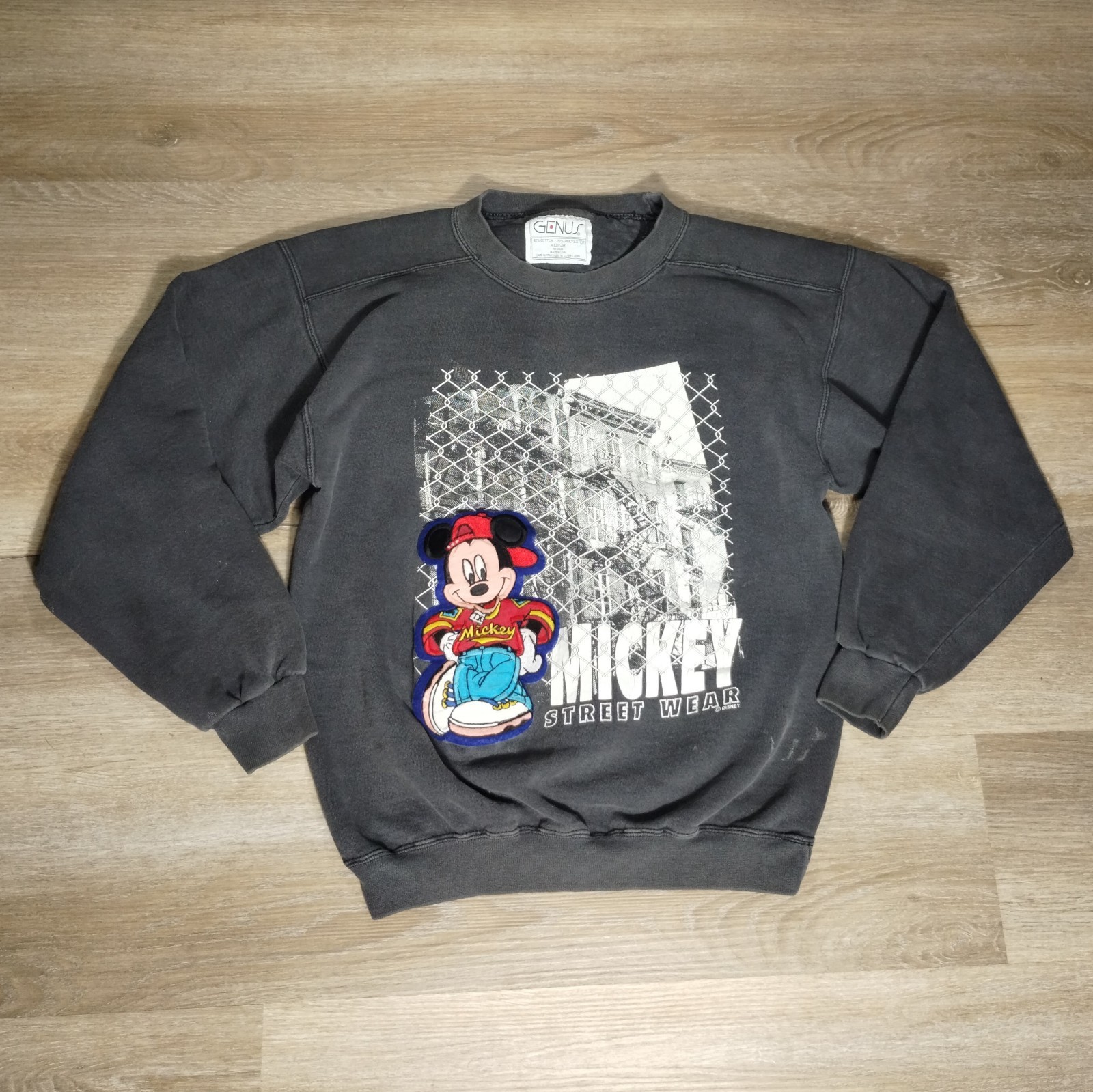 Vintage Genus Mickey Mouse Sweatshirt Medium Black Faded Hip Hop Streetwear 90s