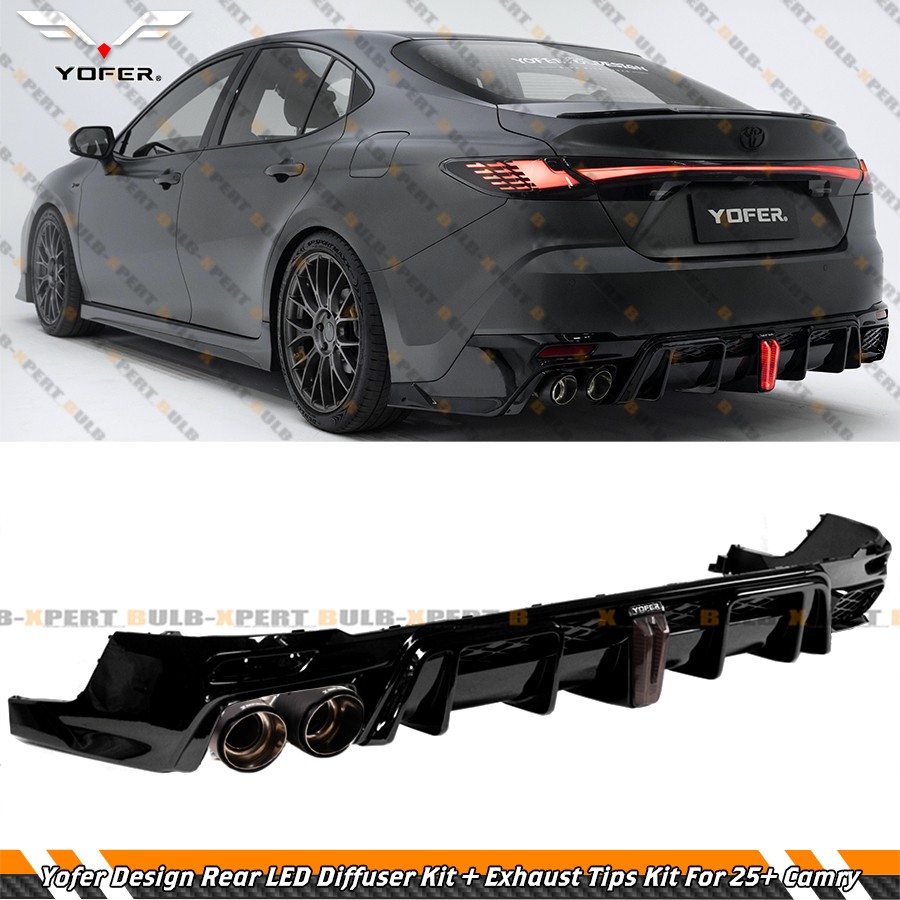 For 25-27 Toyota Camry Yofer Gloss Black Rear Bumper LED Diffuser + Exhaust Tips