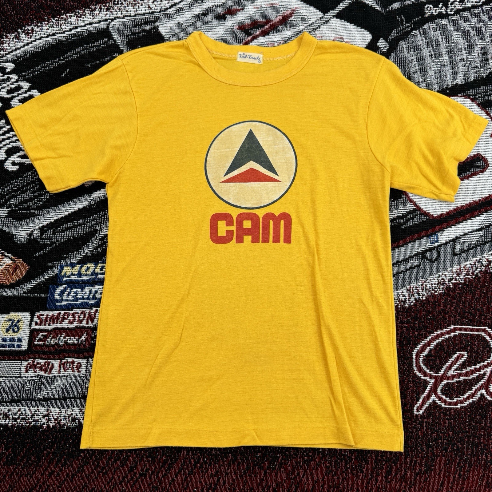 Vintage 1970s Delta Airlines T Shirt L Yellow Knit Knacks CAM Widget Logo Tee