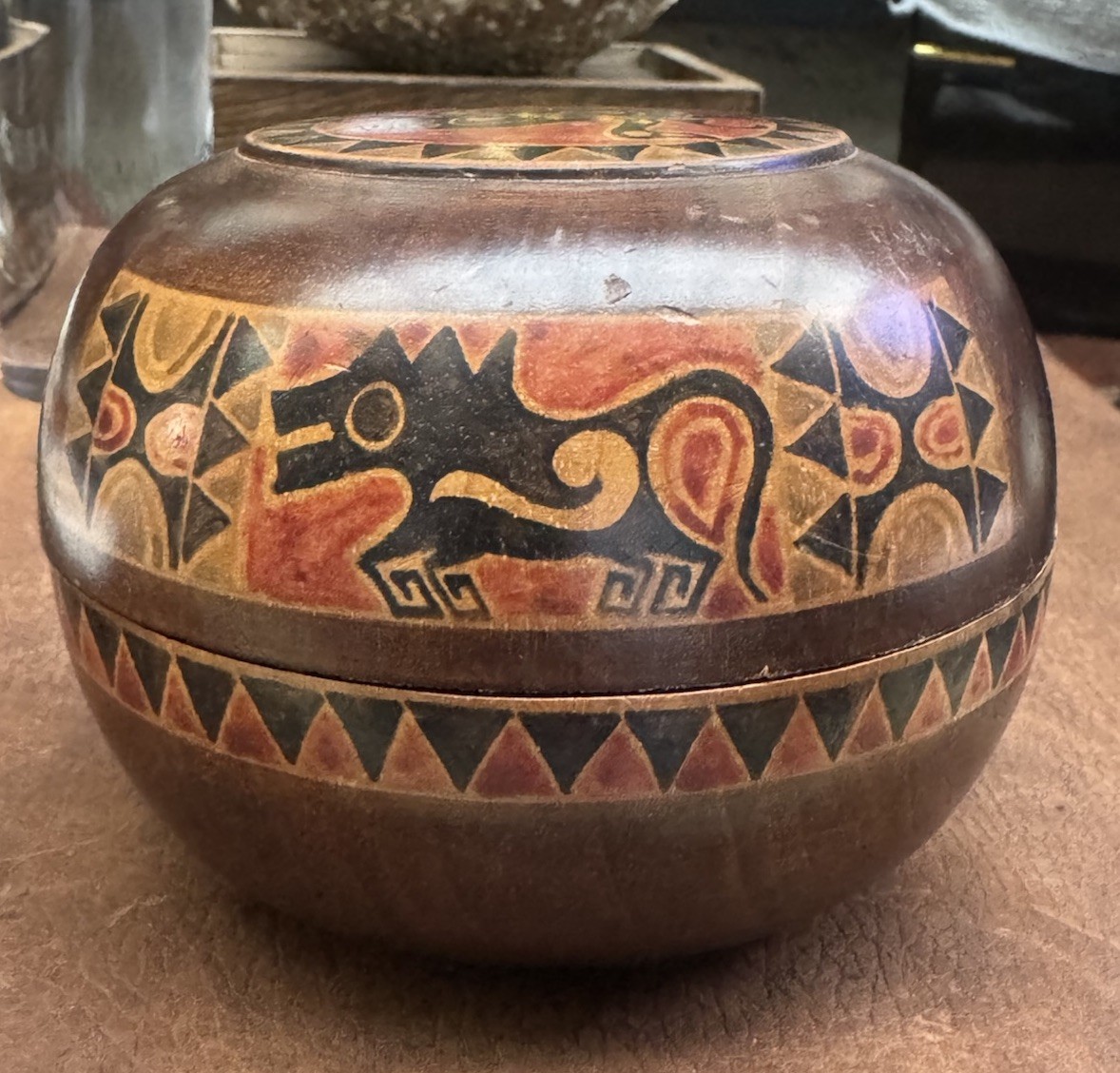 Vintage Hand-Carved Wooden Trinket Sphere with Hand-Painted Indigenous Art Vintage Hand-Carved Wooden Trinket Sphere with Hand-Painted Indigenous Art