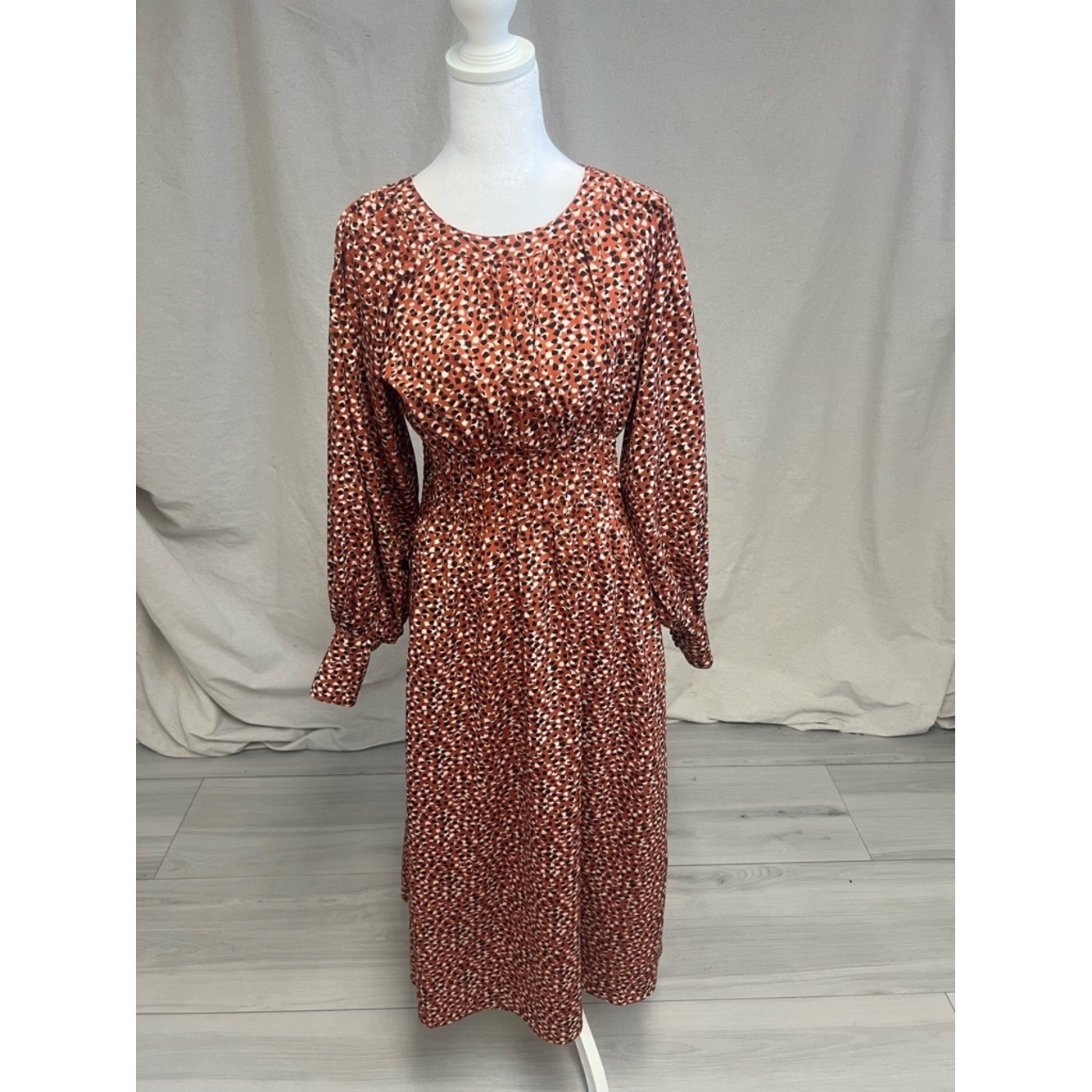 BB Dakota \'Wild in Style\' Rust Cheetah Smocked Waist Dress Boho Cottagecore