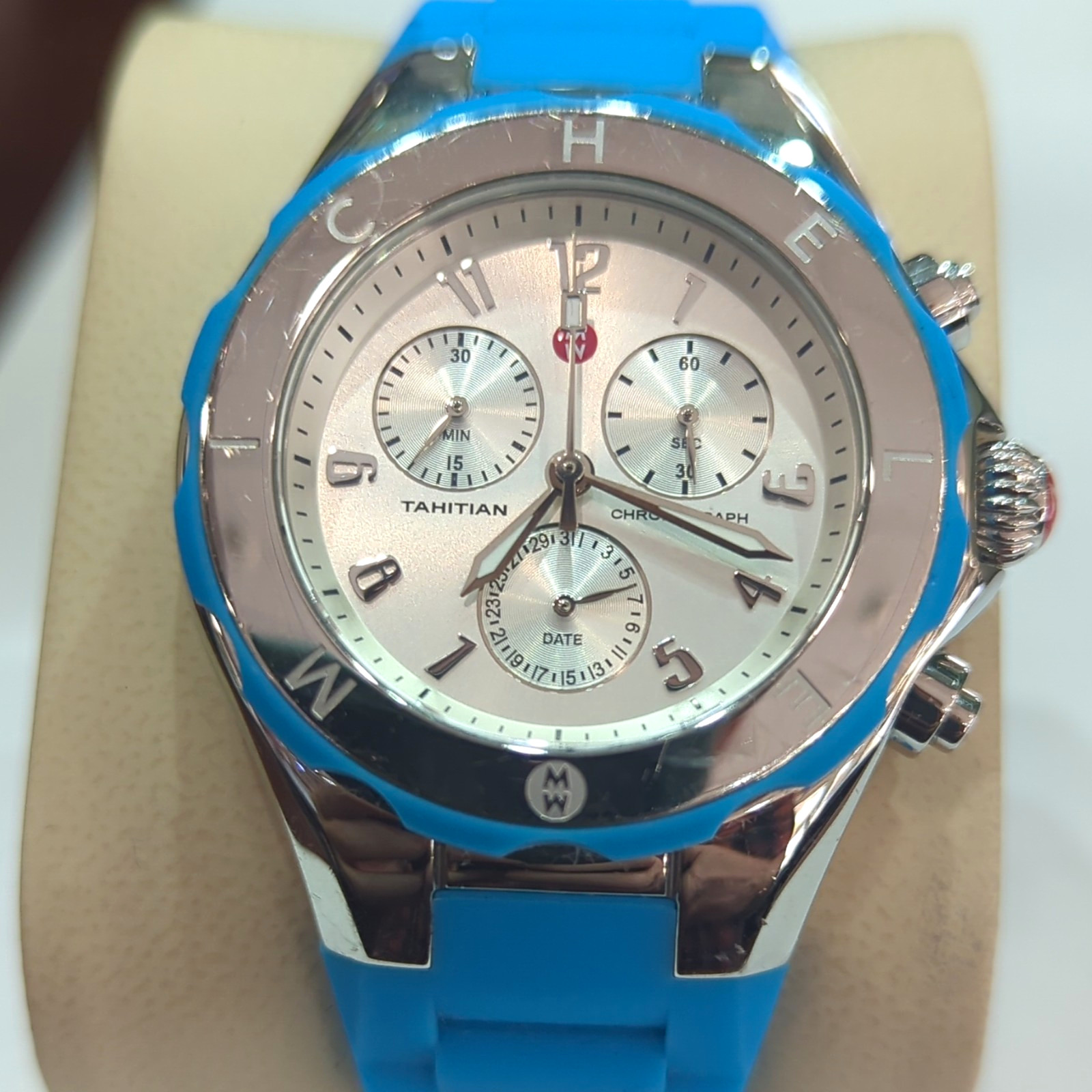 MICHELE Tahitian Women's Quartz Chronograph Date Silver Dial Blue Silicone Strap MICHELE Tahitian Women's Quartz Chronograph Date Silver Dial Blue Silicone Strap