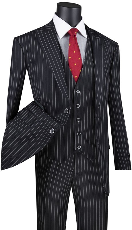 Vinci Men's Regular Fit Gangster Stripe 2-Button 3-Piece Suit Vinci Men's Regular Fit Gangster Stripe 2-Button 3-Piece Suit
