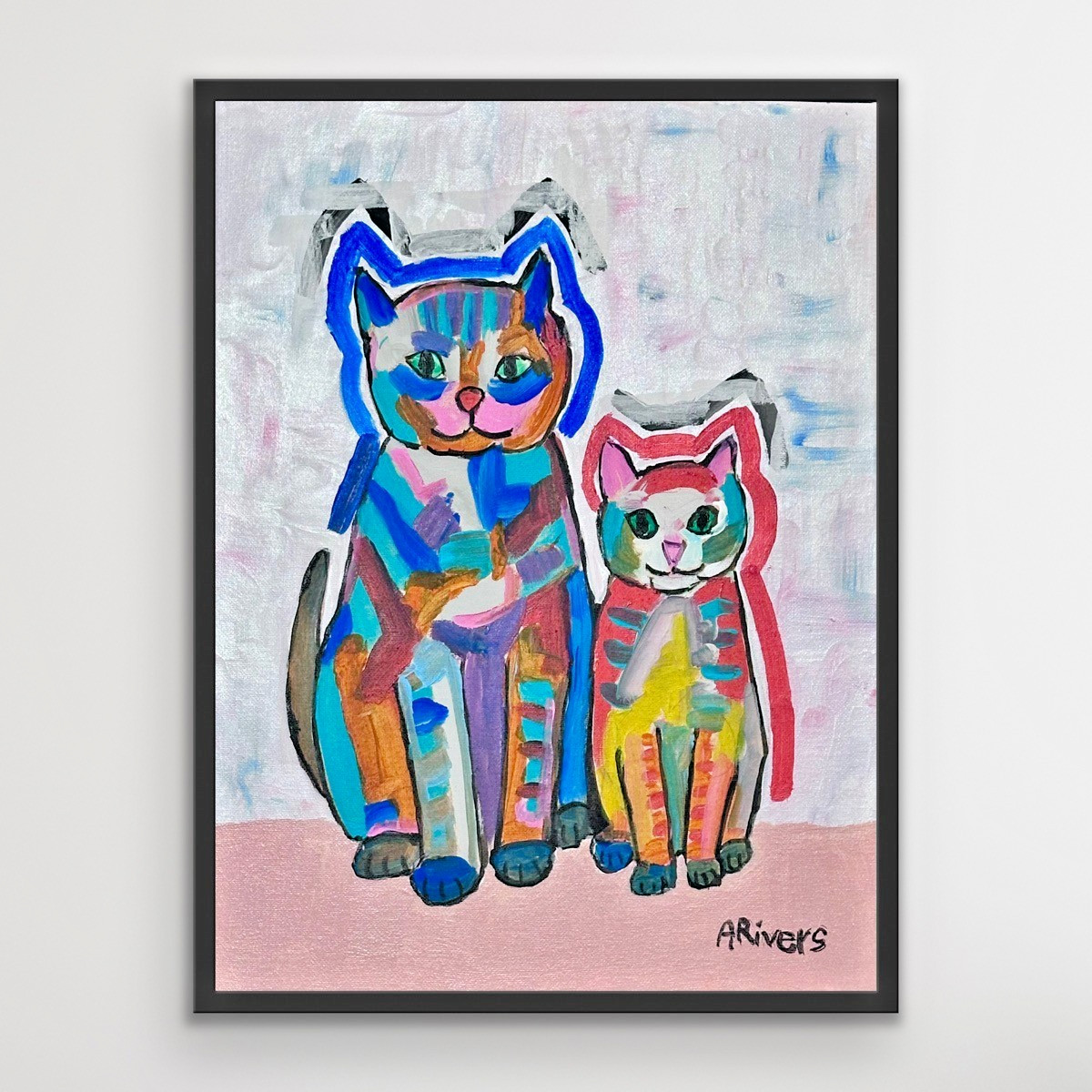 ARivers Modern Impressionistic Art 12x16 Cat and Kitten Painting Canvas Original