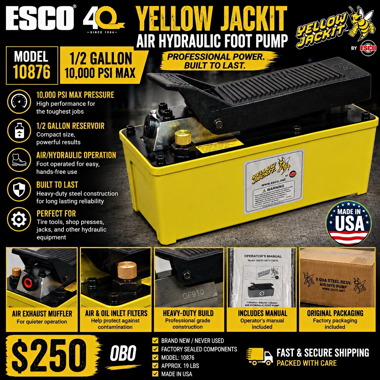 NEW ESCO Yellow Jackit 10876 1/2 Gallon Air Hydraulic Foot Pump – 10,000 PSI