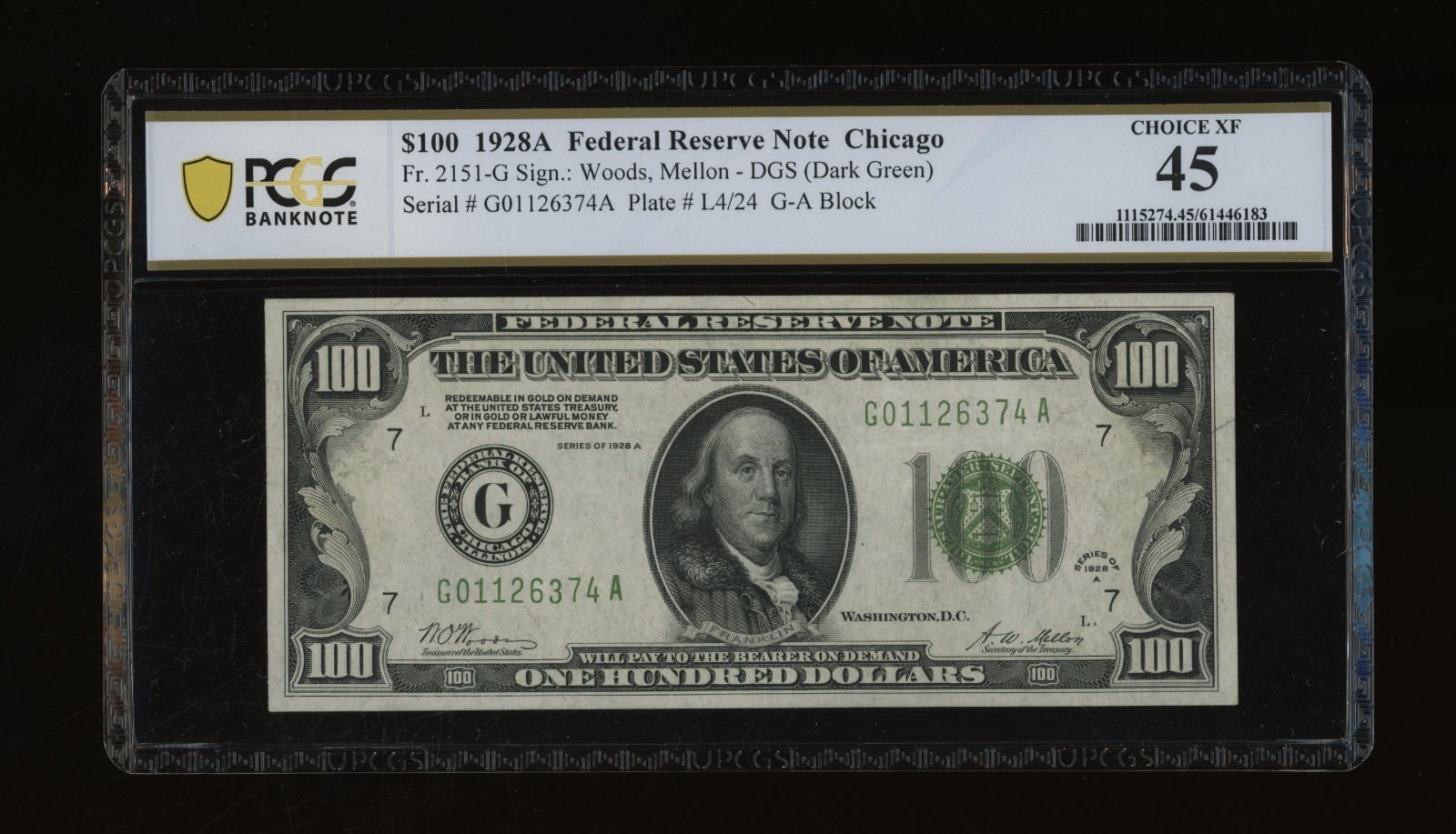 DBR 1928-A $100 DGS FRN Chicago Fr. 2151-Gdgs PCGS-B 45 Serial G01126374A