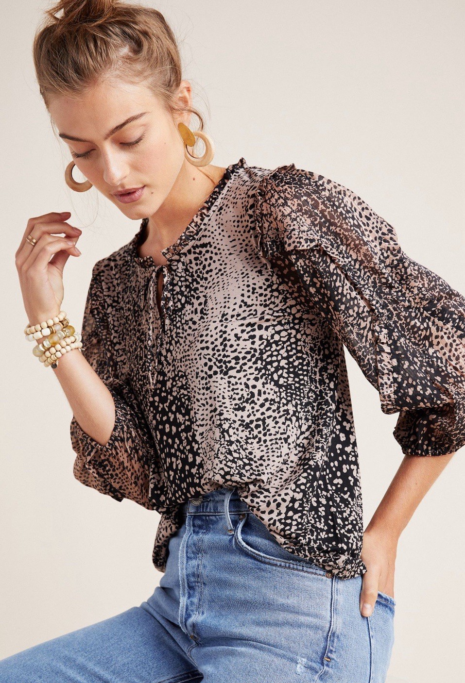 MAEVE Anthropologie JACQUIN PEASANT Animal Print shimmer Viscose Blouse Size XS MAEVE Anthropologie JACQUIN PEASANT Animal Print shimmer Viscose Blouse Size XS