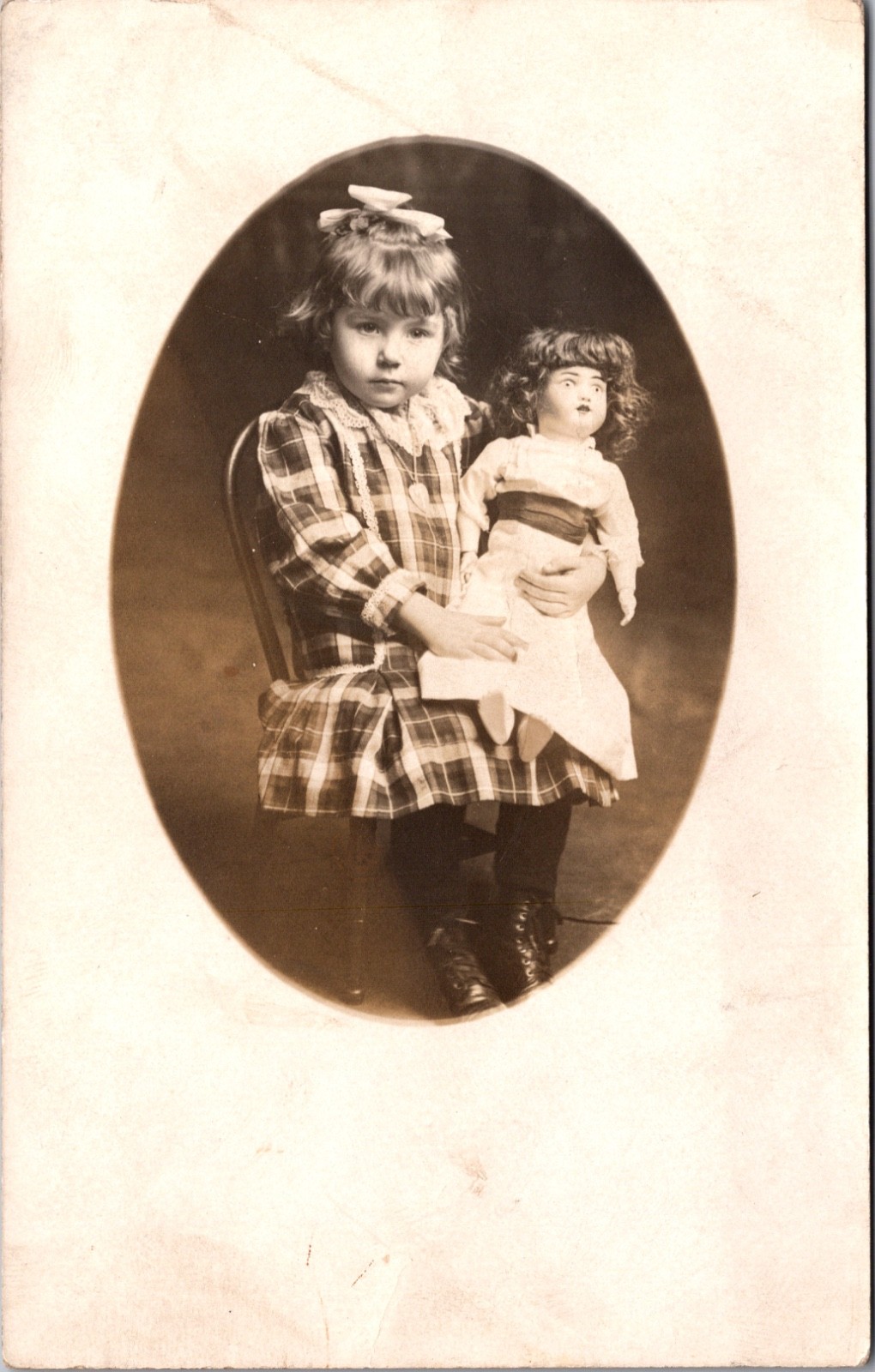 RPPC Girl with Bisque Doll Portrait – Mare Ebba Rosene 1911 Aledo Illinois