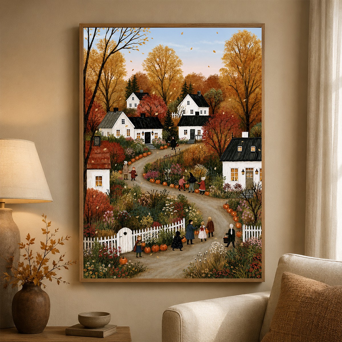 Folk Art Autumn Country Village Framed Canvas Art Pumpkin Farm Landscape Gift
