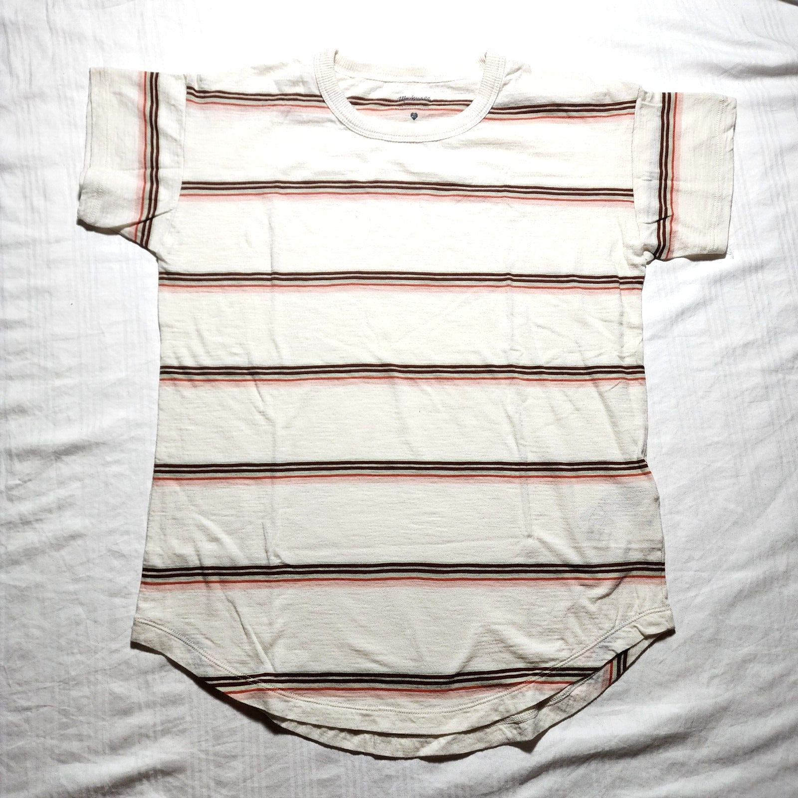 Madewell Top Women Size XS Beige Brown Striped Casual Short Sleeve Rounded Hem Madewell Top Women Size XS Beige Brown Striped Casual Short Sleeve Rounded Hem