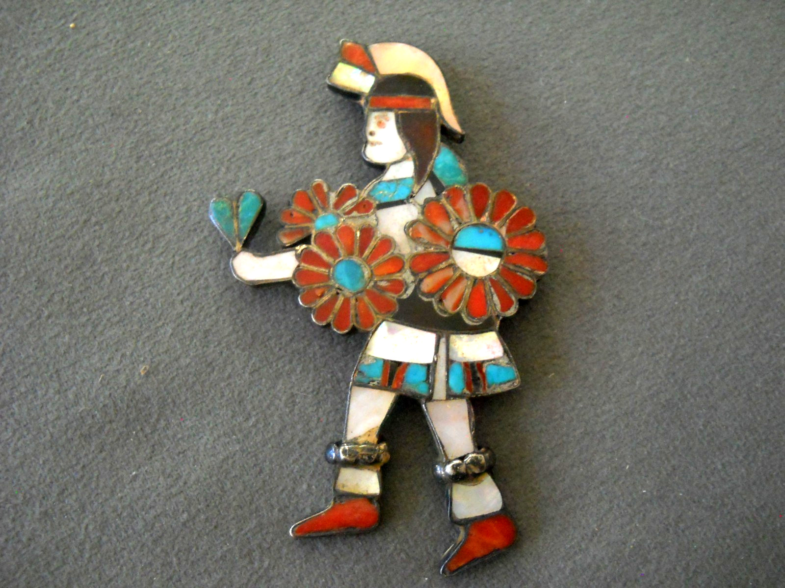 Old Native American Zuni Comanche Dancer MultiStone Inlay Sterlin Pendant Pin 3