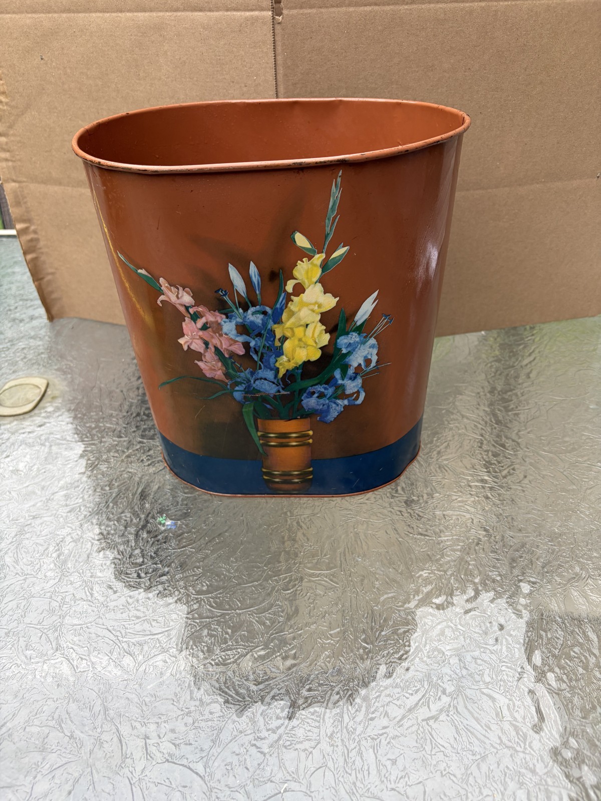 Vintage Empeco Floral Metal Wastebasket 11” MCM Tole Painted Flowers