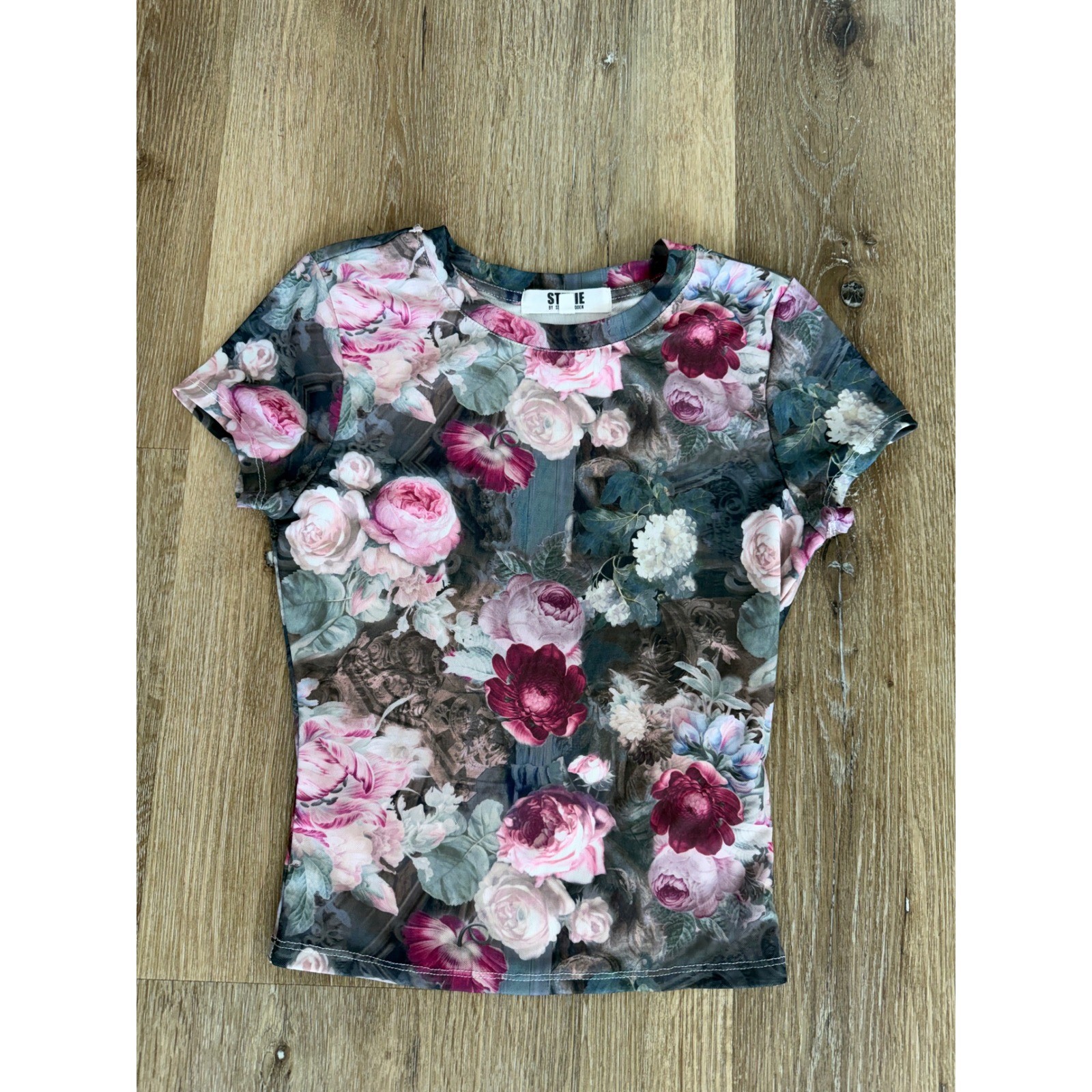 Steve Madden Y2K Festival Whimsygoth Floral Mesh Top Womens S Pink Burgundy
