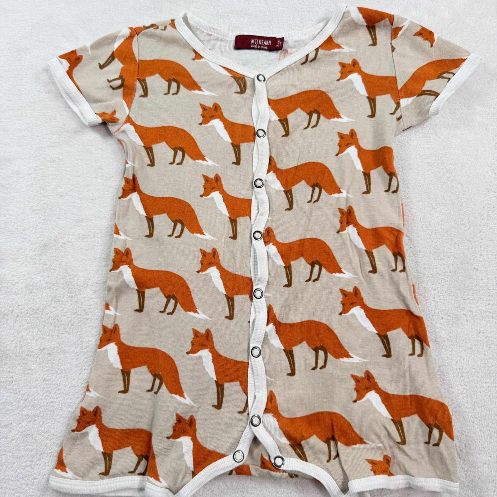 Milkbarn Organic Cotton Fox Print Short Sleeve Romper Beige Orange 3-6 Months