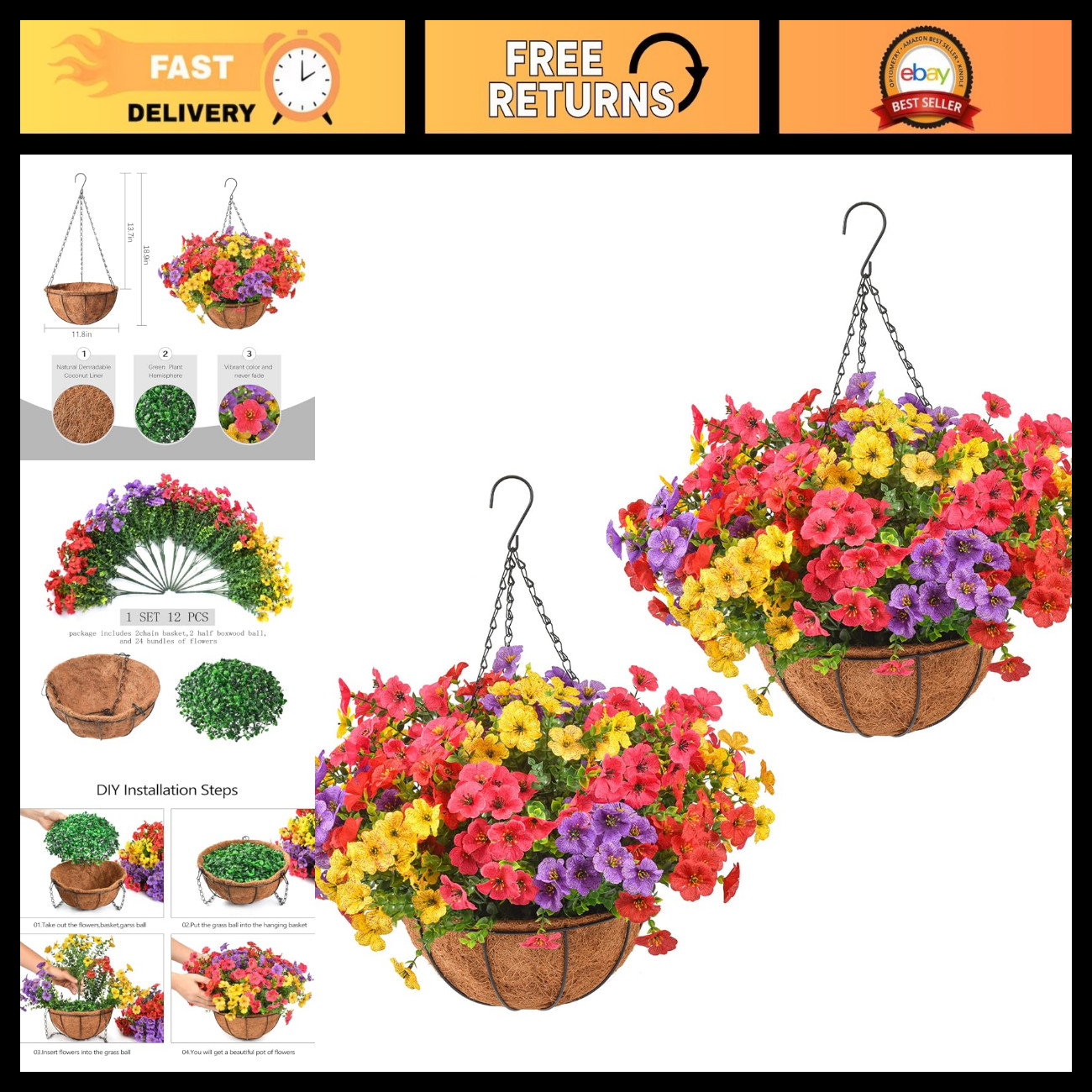 Realistic UV Resistant Artificial Flowers - Set of 2 Hanging Baskets with 24pcs Realistic UV Resistant Artificial Flowers - Set of 2 Hanging Baskets with 24pcs