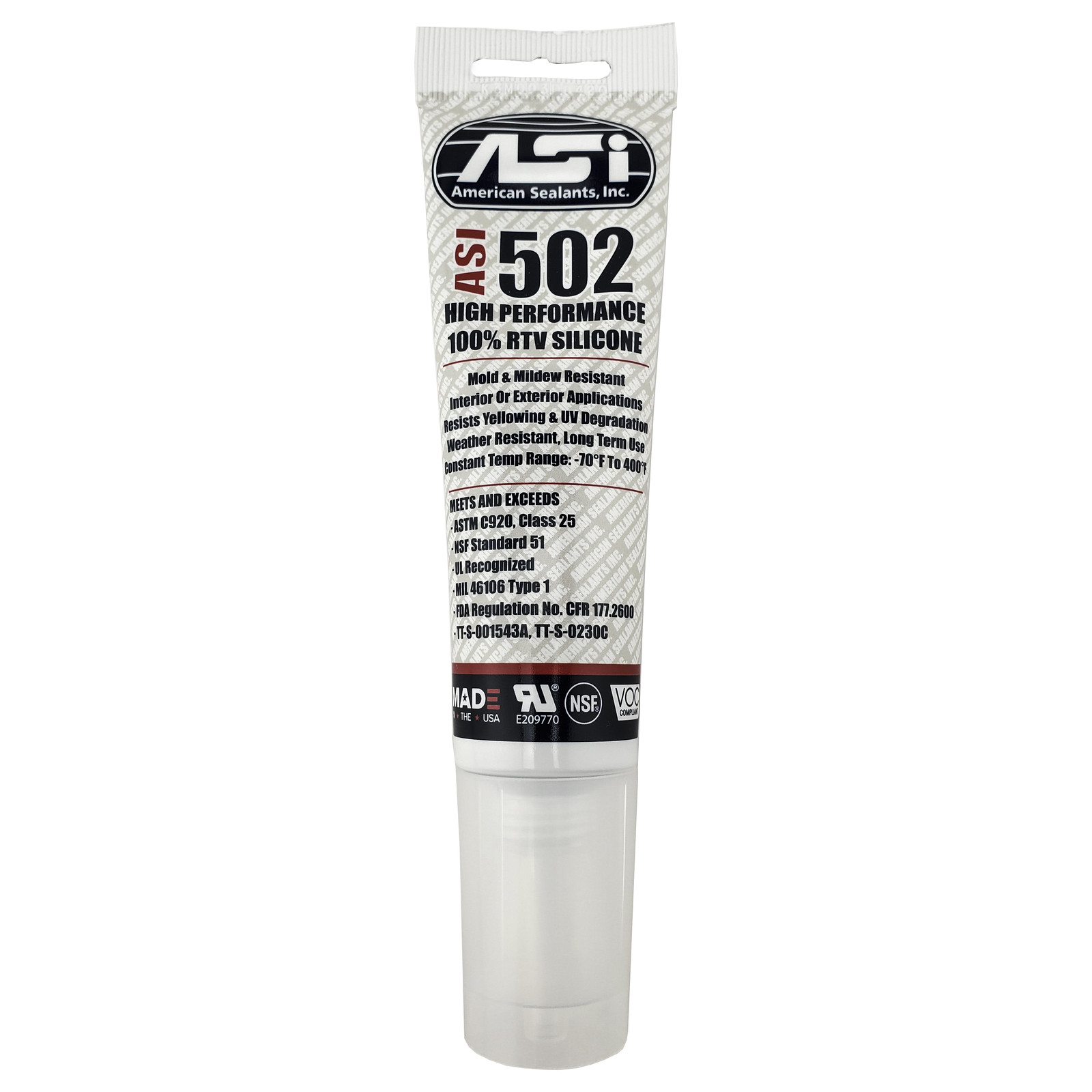 ASI 502 White Food Grade 100% RTV Silicone Sealant - 2.8 Oz Squeeze Tube ASI 502 White Food Grade 100% RTV Silicone Sealant - 2.8 Oz Squeeze Tube