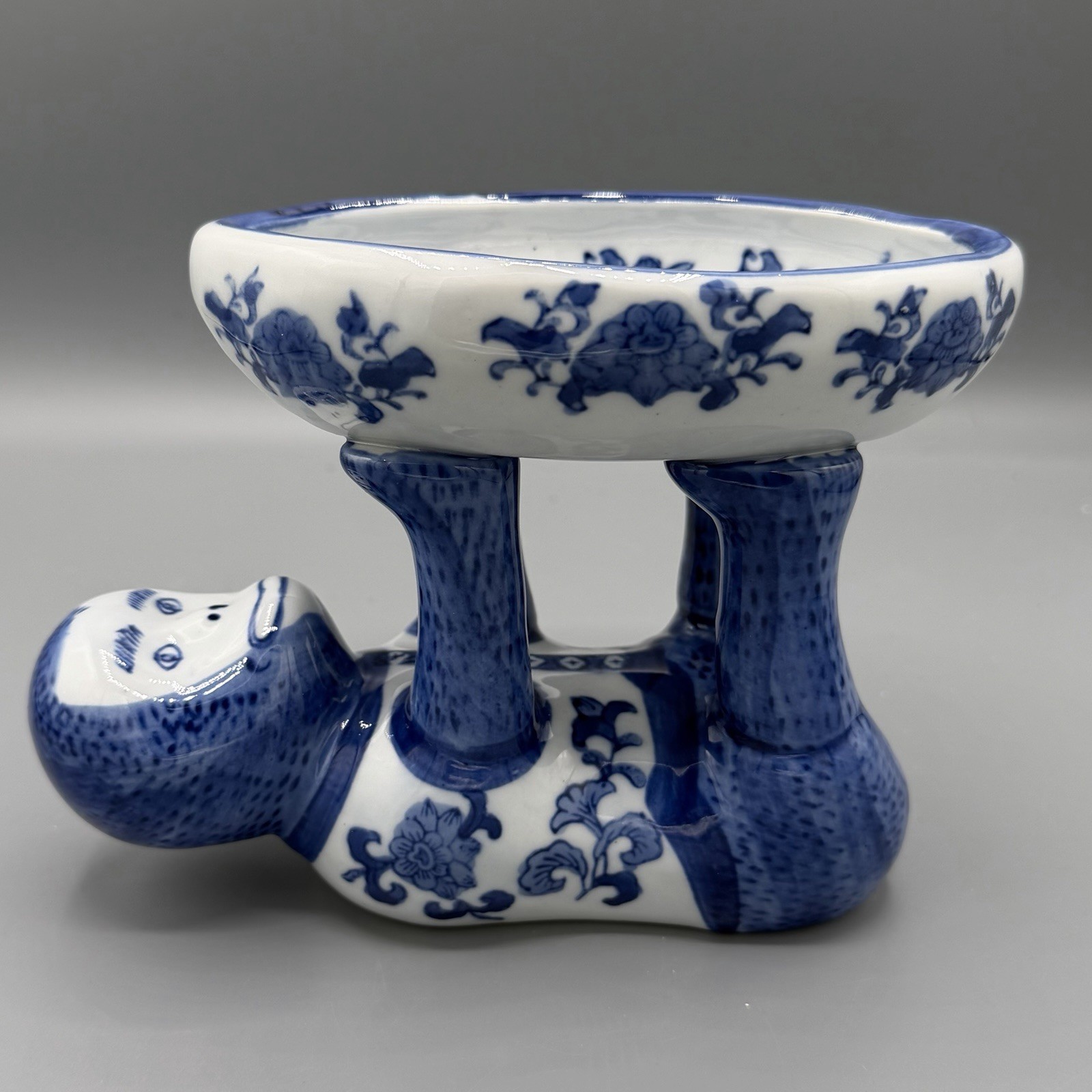 Vintage Blue White Porcelain Monkey Soap Dish Chinoiserie Chinese Trinket Bowl