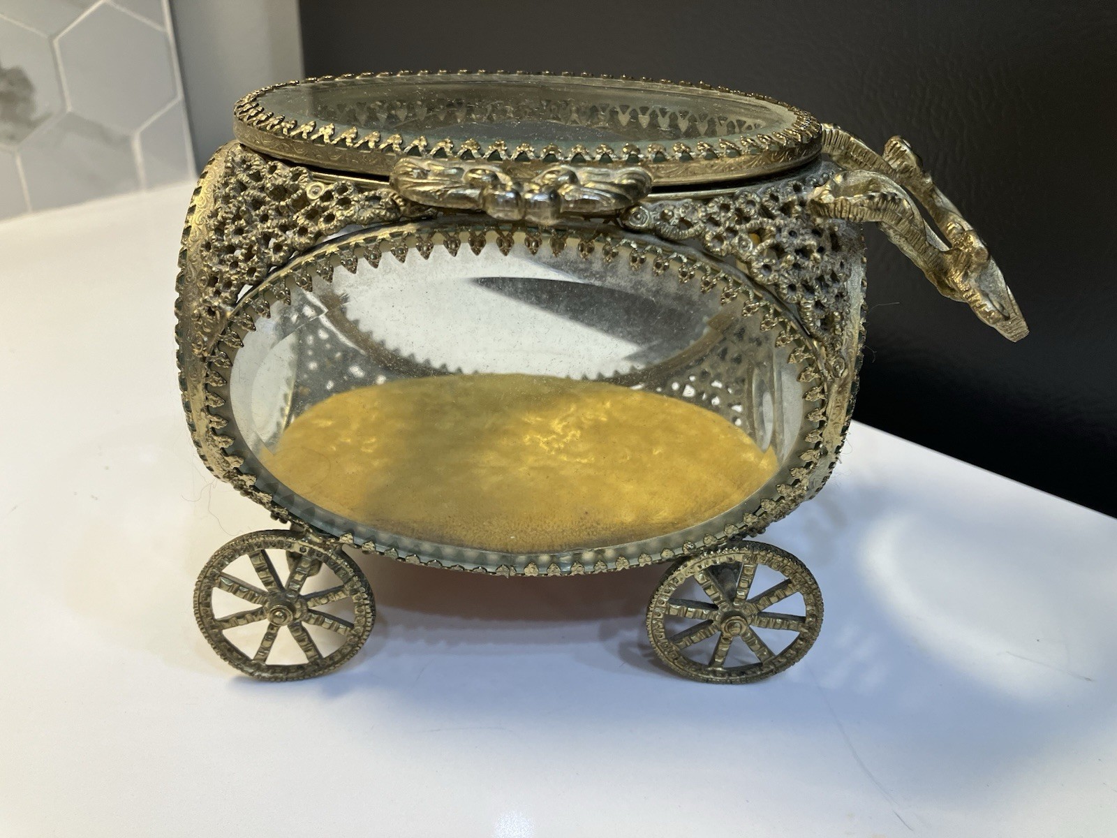 Antique French Style Ormolu & Beveled Glass Carriage Jewelry Box circa 1980 Antique French Style Ormolu & Beveled Glass Carriage Jewelry Box circa 1980