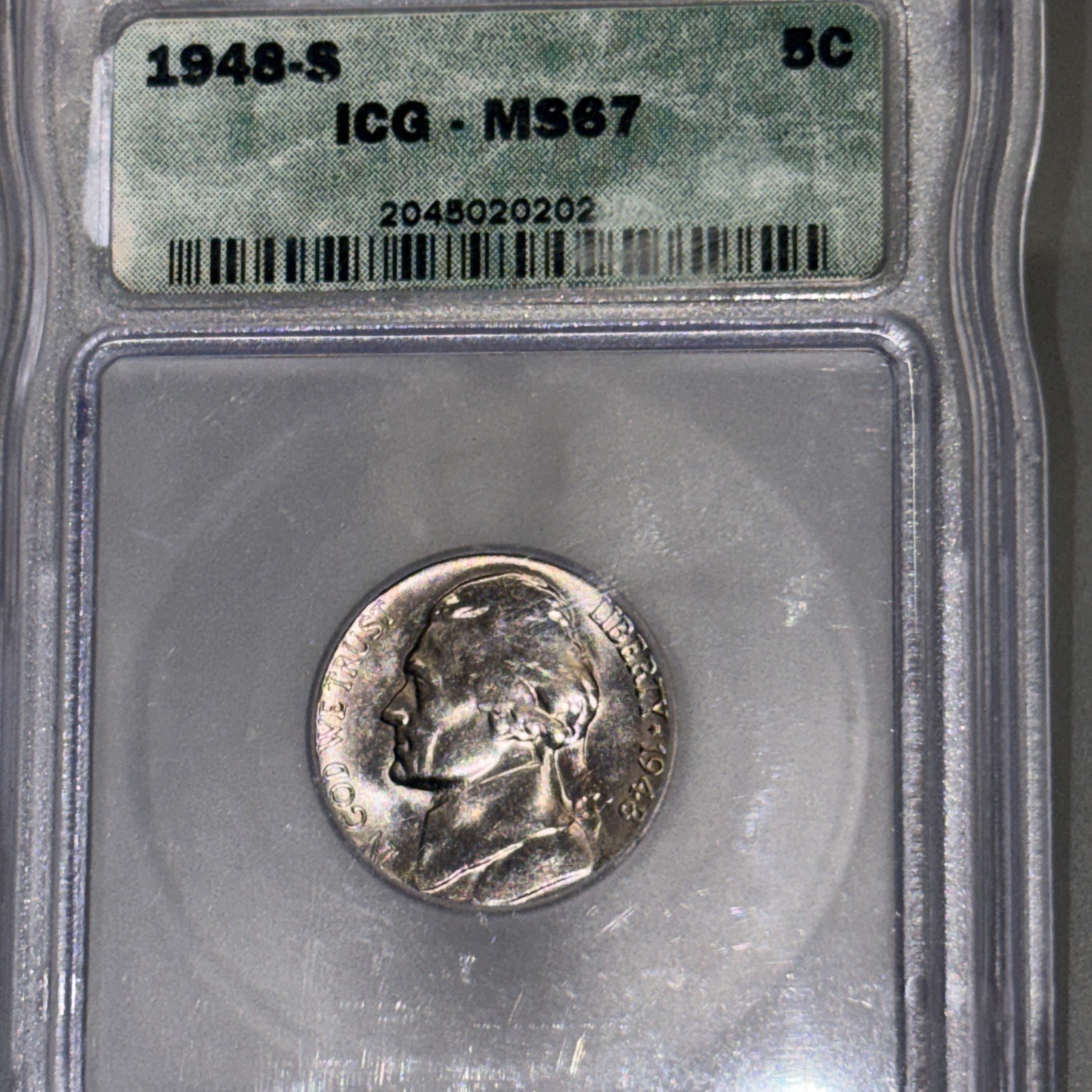 1948 S JEFFERSON NICKEL MS67 ICG - NICE #159 1948 S JEFFERSON NICKEL MS67 ICG - NICE #159