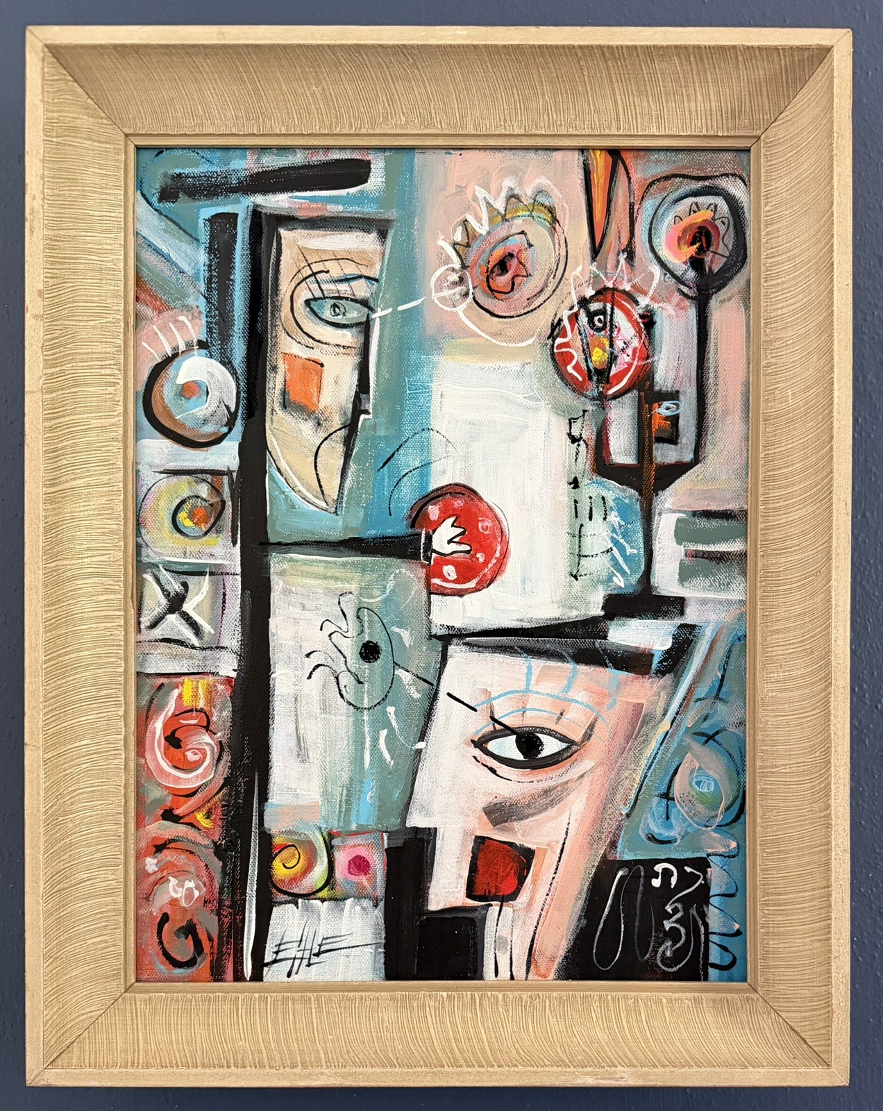 Mid Century Modern Style Abstract Surrealism Painting In Vintage Frame - Ehle