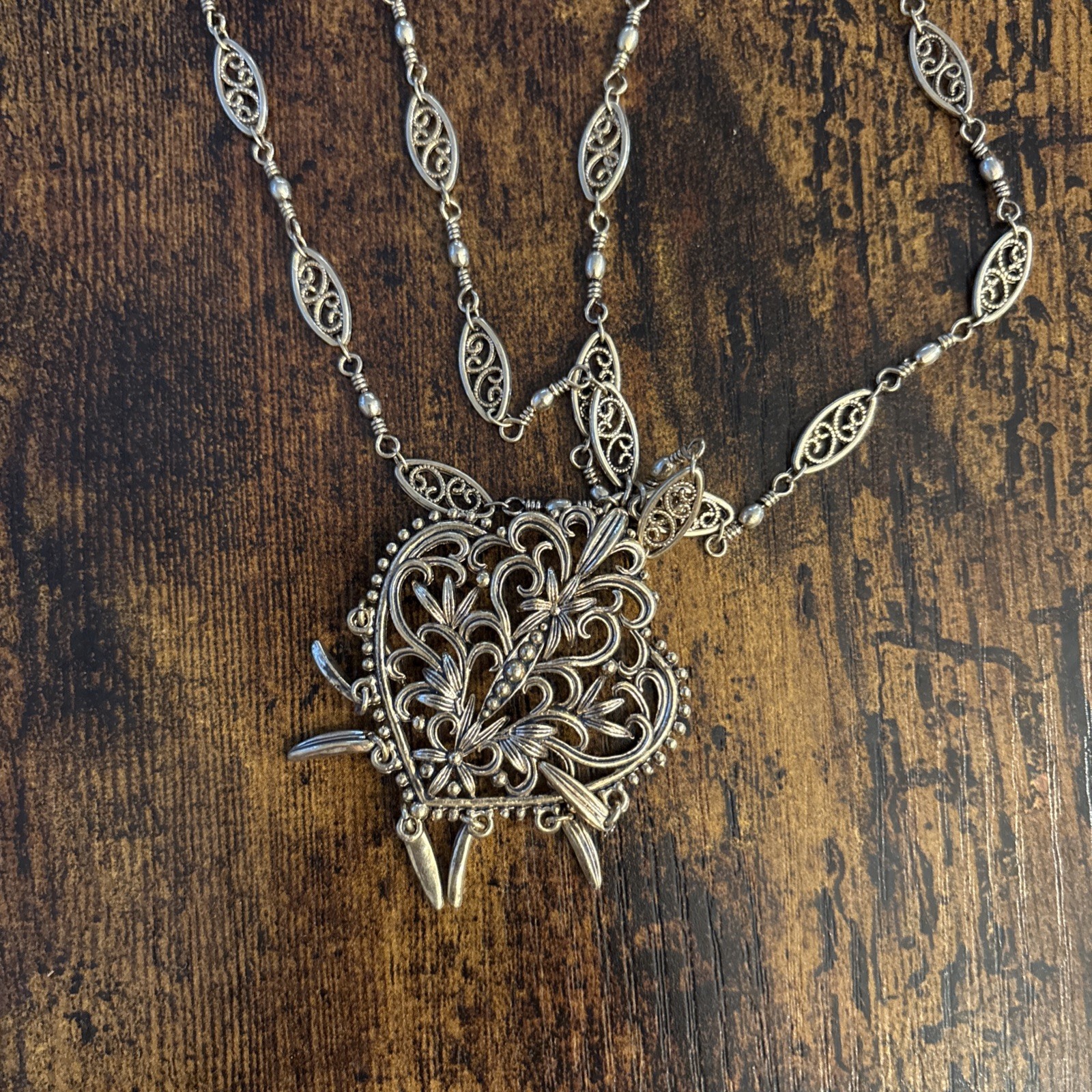 Vintage Brass Filigree Ornate Openwork Heart Pendant Statement Necklace