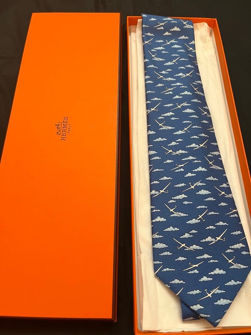 HERMES New Unused Neck Tie Blue Airplane and Clouds 100%Silk Box Made in France