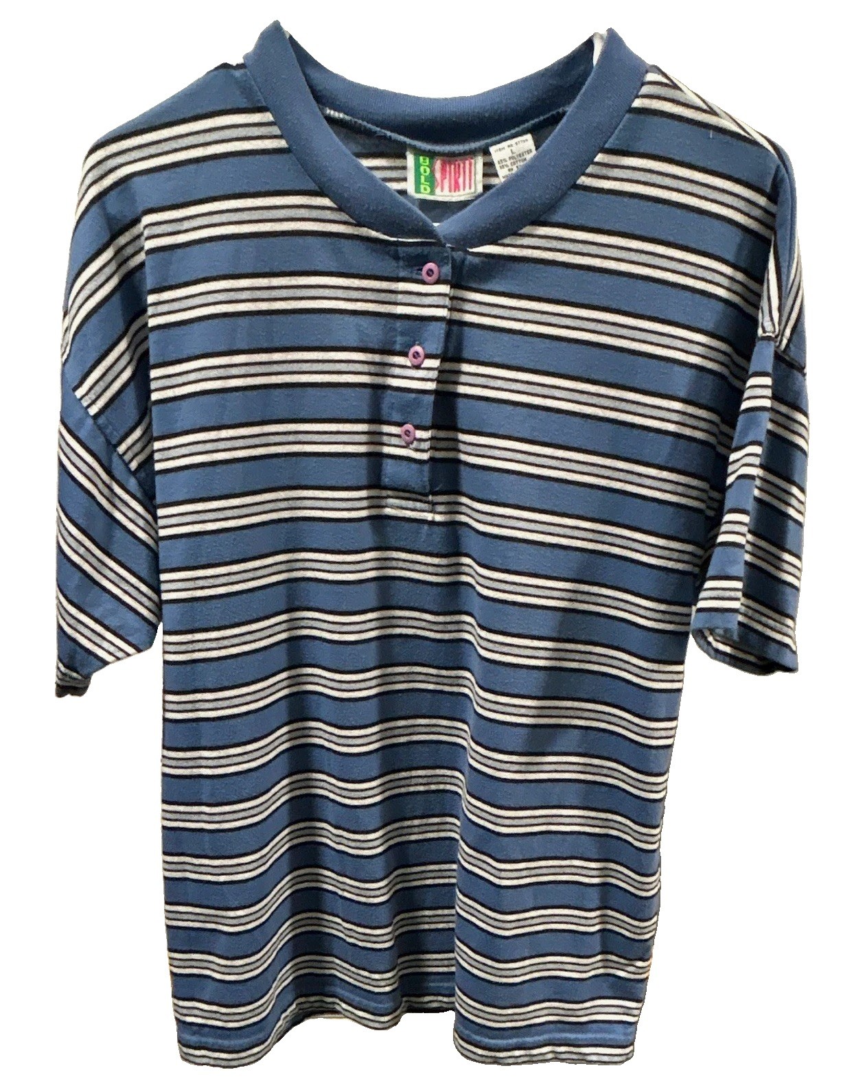 Bold Spirit Vtg 80s-90s Blue/White Striped Short Sleeve Shirt Size L - Unisex