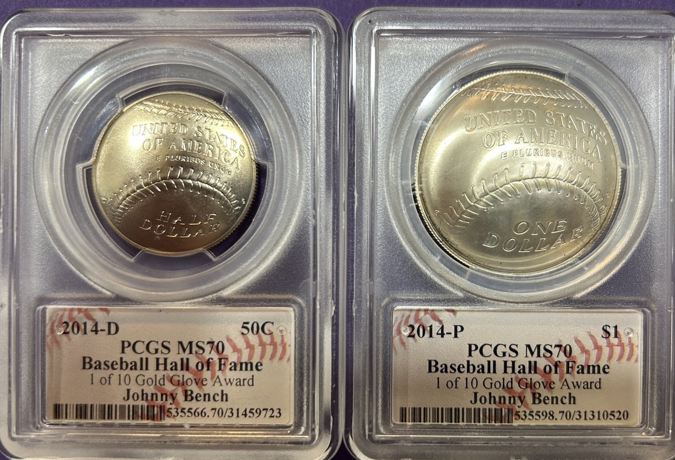 2014 P/D Baseball HOF Silver $ and 50¢. PCGS MS 70 Johnny Bench sign Gold Glove 2014 P/D Baseball HOF Silver $ and 50¢. PCGS MS 70 Johnny Bench sign Gold Glove