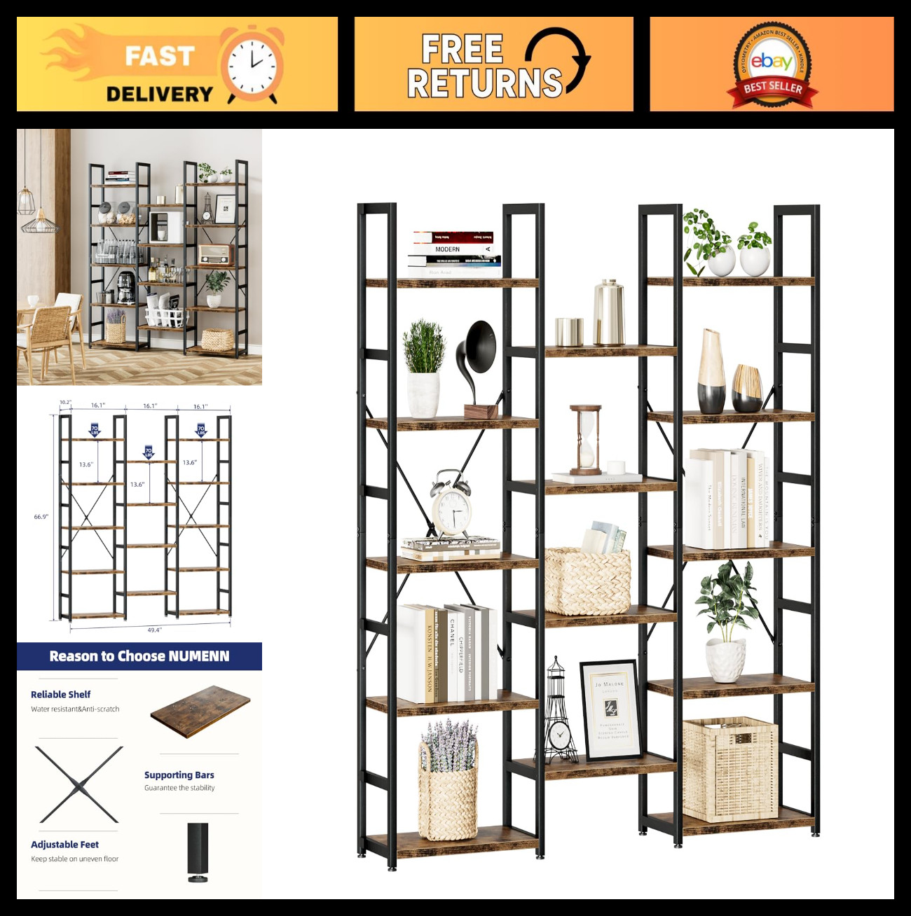 Triple Column 5-Tier Bookshelf, 14 Open Shelves, Adjustable Rustic Industrial Bo Triple Column 5-Tier Bookshelf, 14 Open Shelves, Adjustable Rustic Industrial Bo