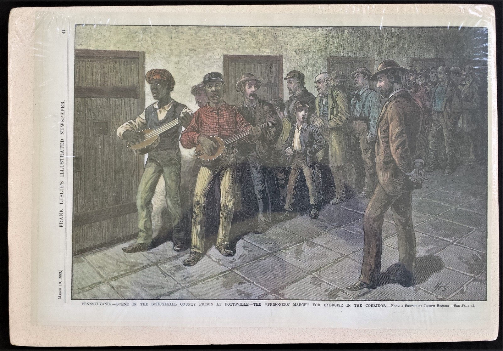 1883 antique BECKER pottsville pa BANJO PLAYER SCHUYLKILL PRISON handcolored ART