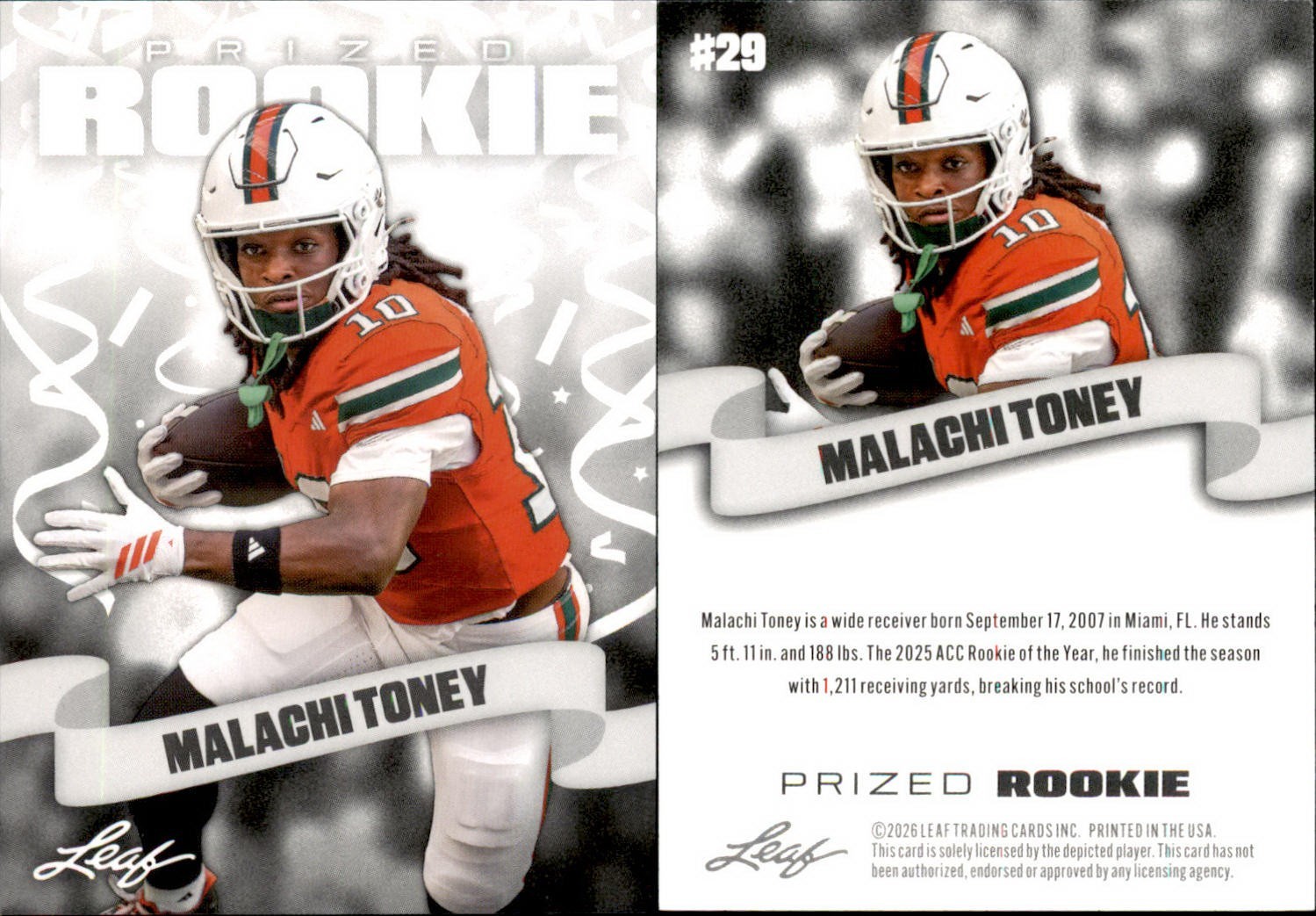 2026 Malachi Toney Leaf Prized Rookie Football #29 RC 2026 Malachi Toney Leaf Prized Rookie Football #29 RC