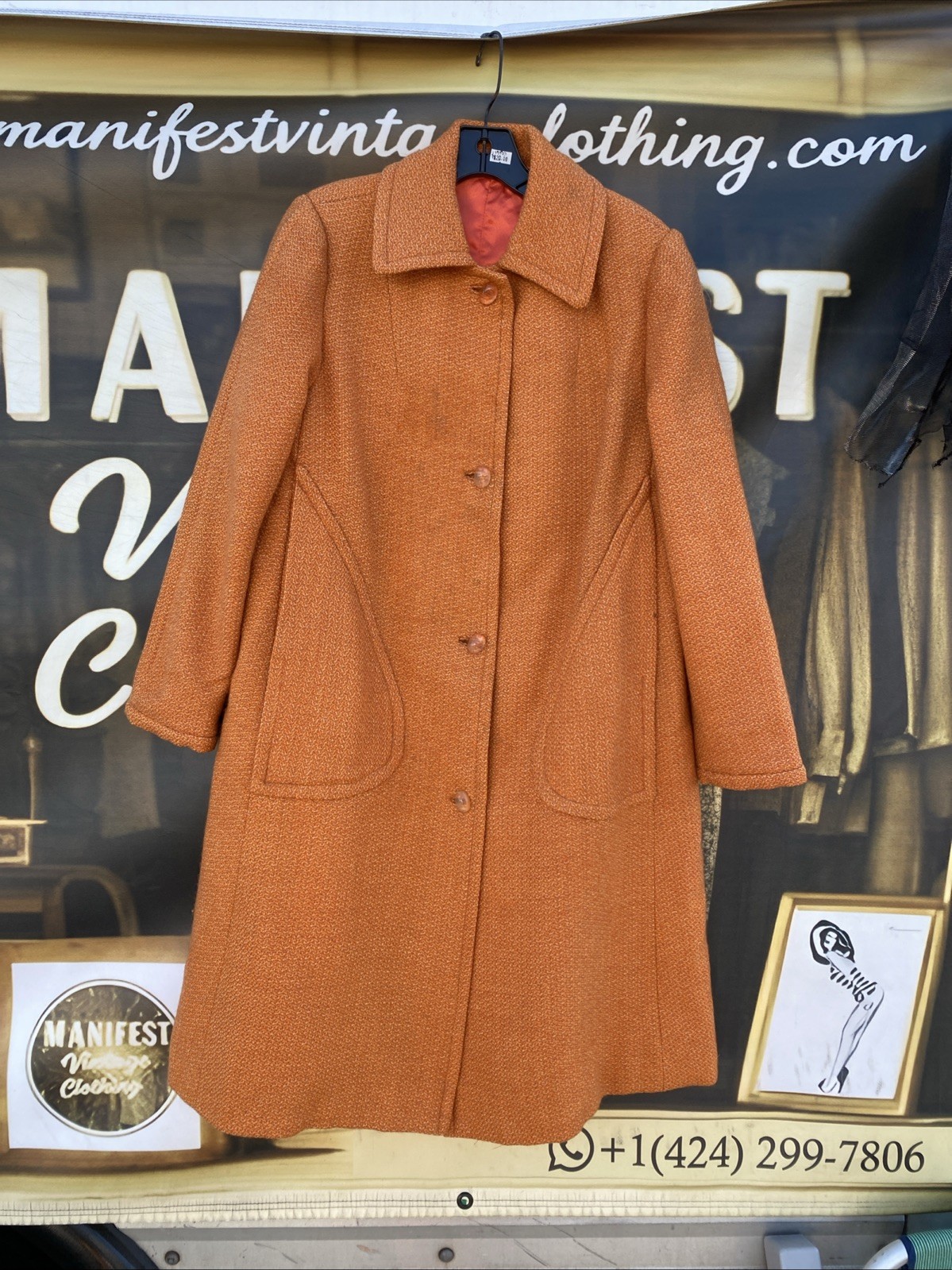 Vtg 1960s Mod A Line Midi Trench Coat Vibrant Burnt Orange Lined Retro Buttons M