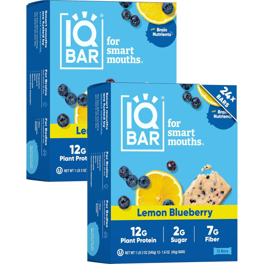 IQBAR Clean Protein Bars - Vegan, Low Sugar Snack, Lemon Blueberry, 24 Count