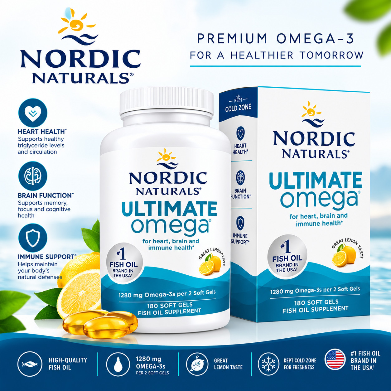 Nordic Naturals Ultimate Omega Lemon 1280mg Softgels - 180 Count Nordic Naturals Ultimate Omega Lemon 1280mg Softgels - 180 Count