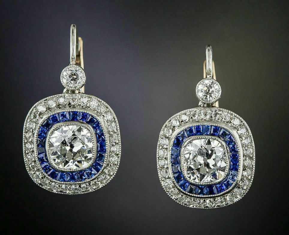 Art Deco Cushion Lab Created Diamond & Sapphire Wedding White Gold Finish Ring